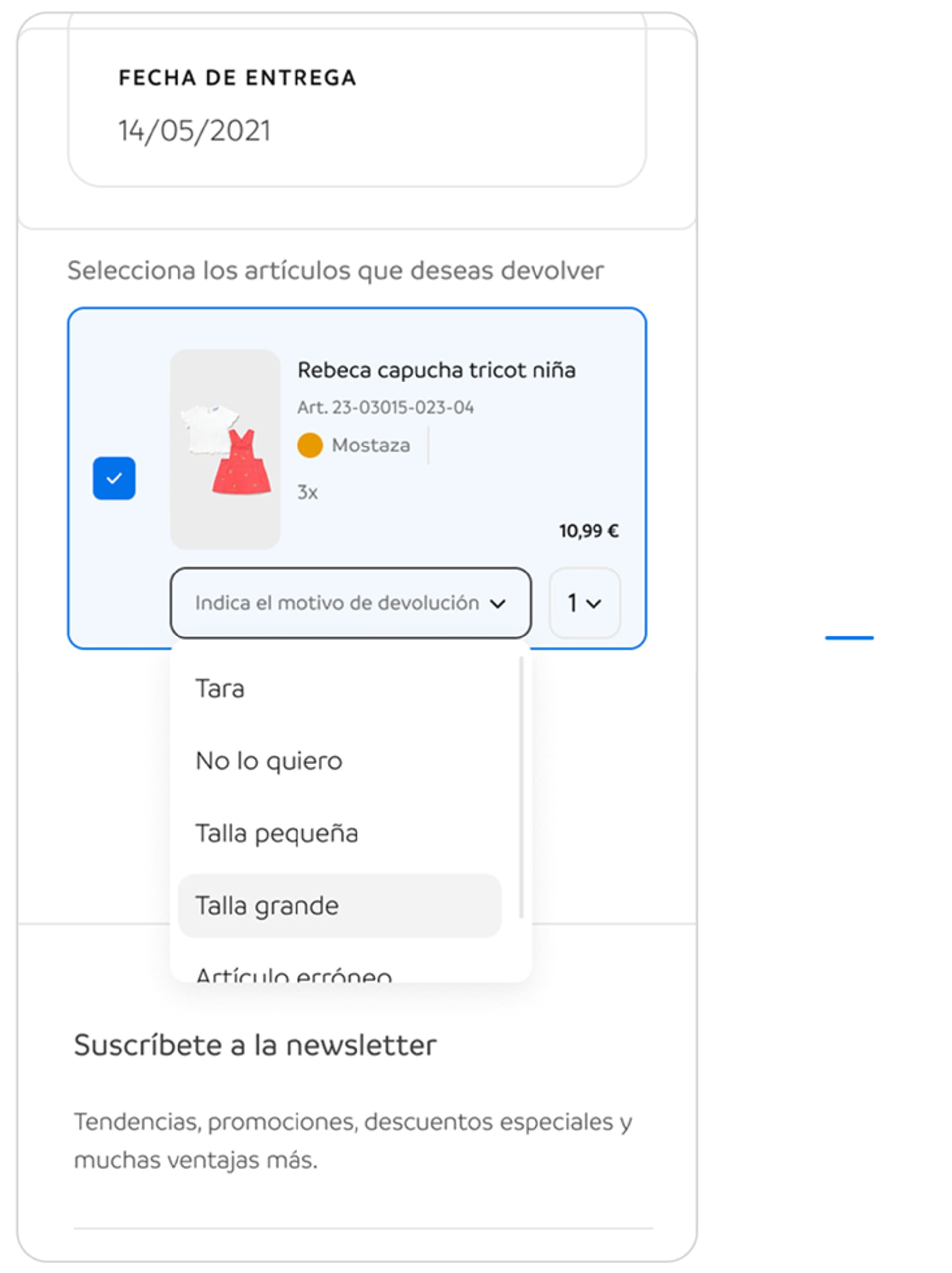 Paso 3. Seleccionar el/los artículo/s que se quieren devolver y el motivo de la devolución.