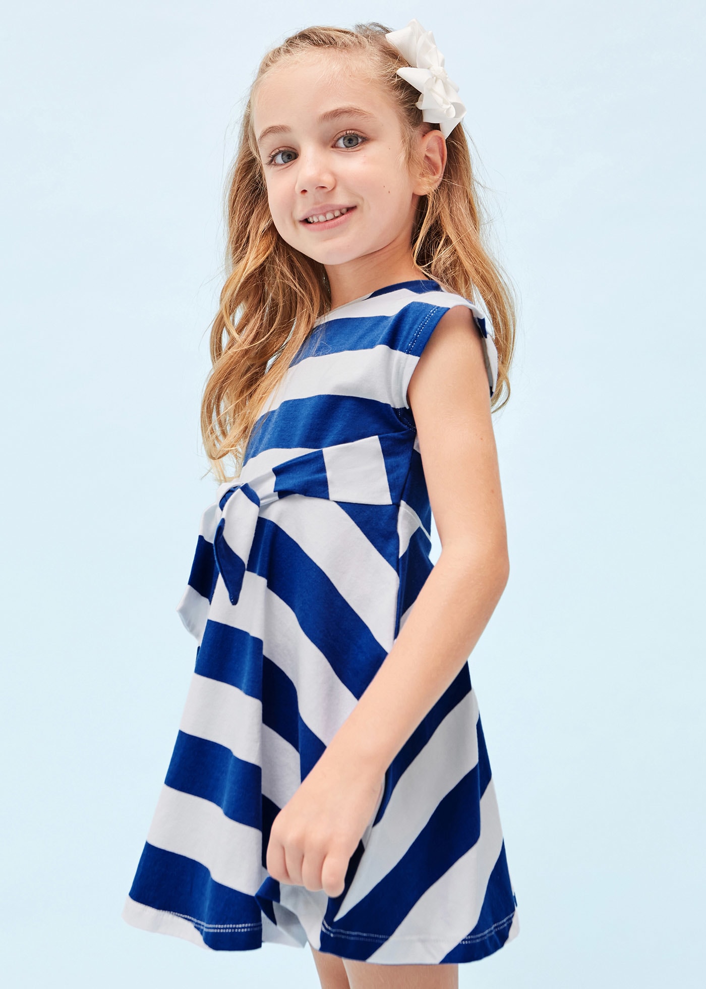 Girls Sleeveless White & Blue Striped Dress - New