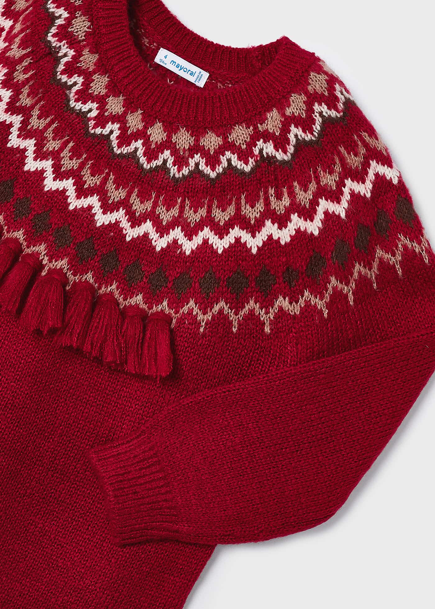 Jacquard knit sweater fringe detail girl