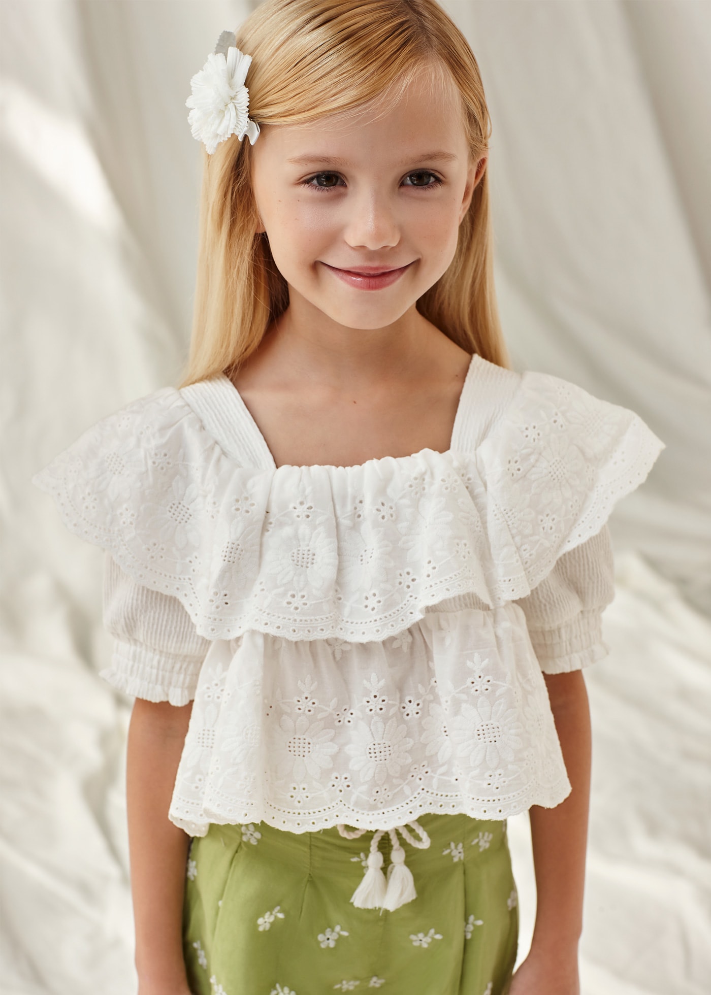 Girls ruffled embroidered top