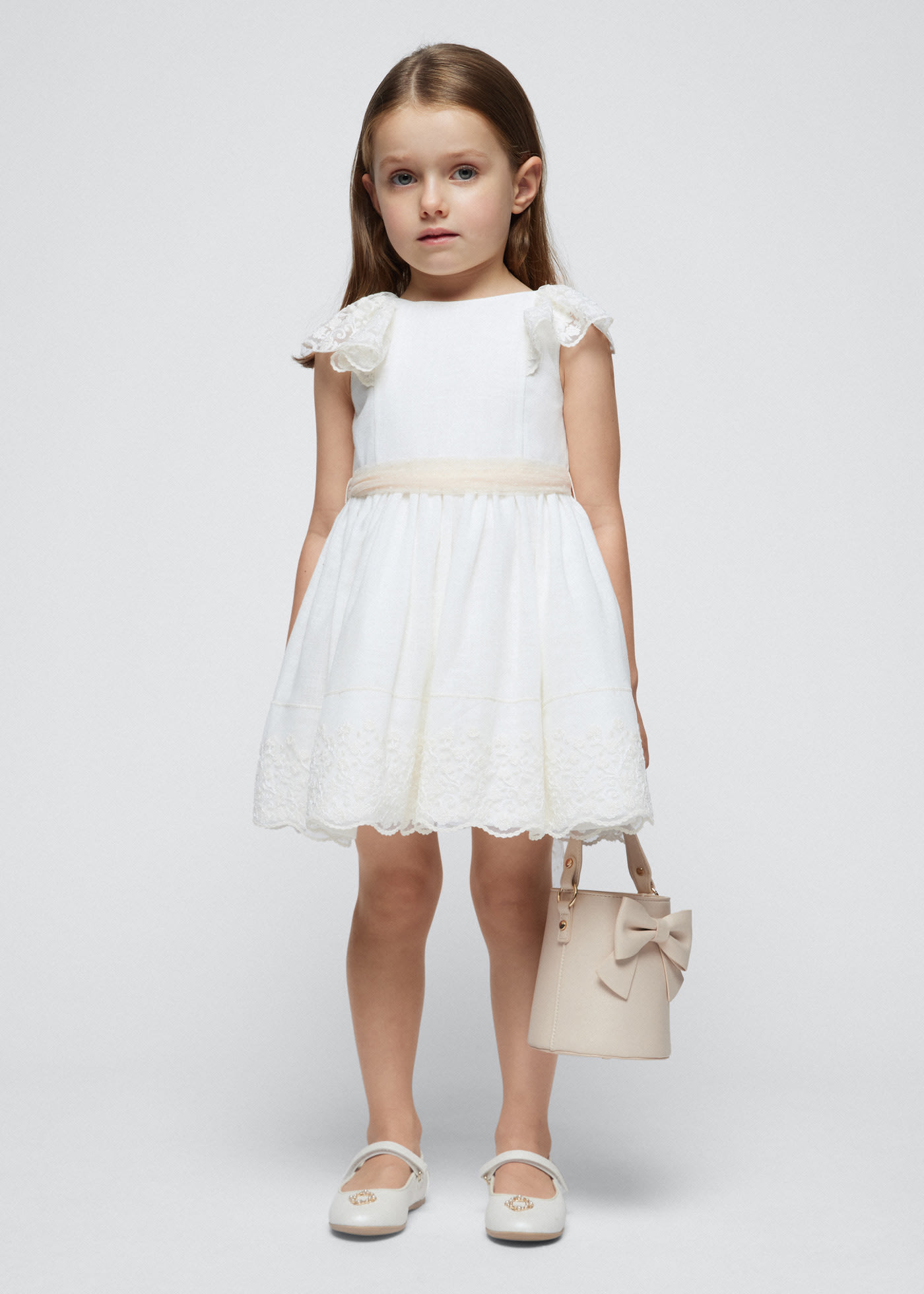 Girls Cotton White Lined Dress With Sleeveless Ruffled Straps - Natural main image 0