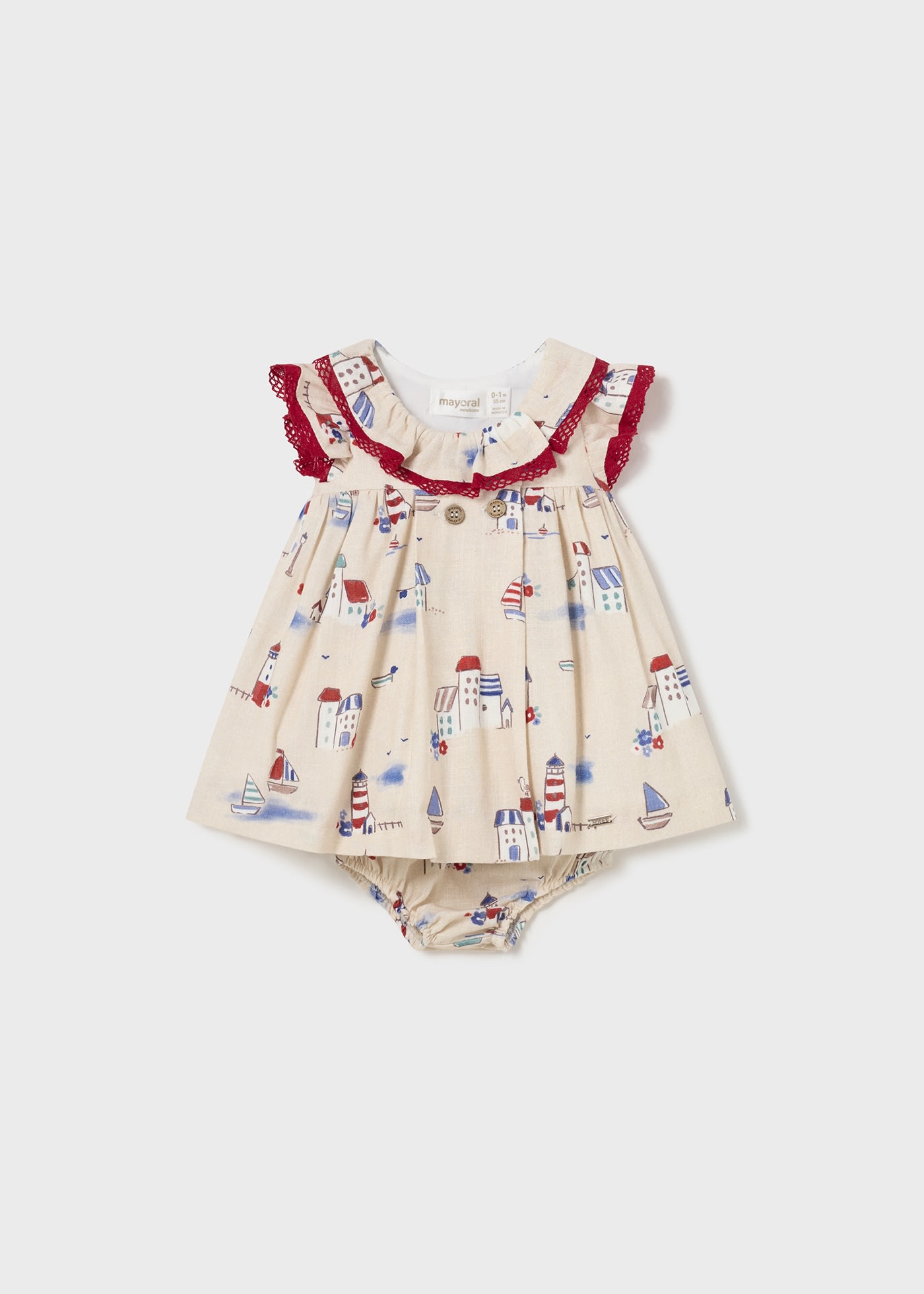 Newborn printed linen dress and bloomer set