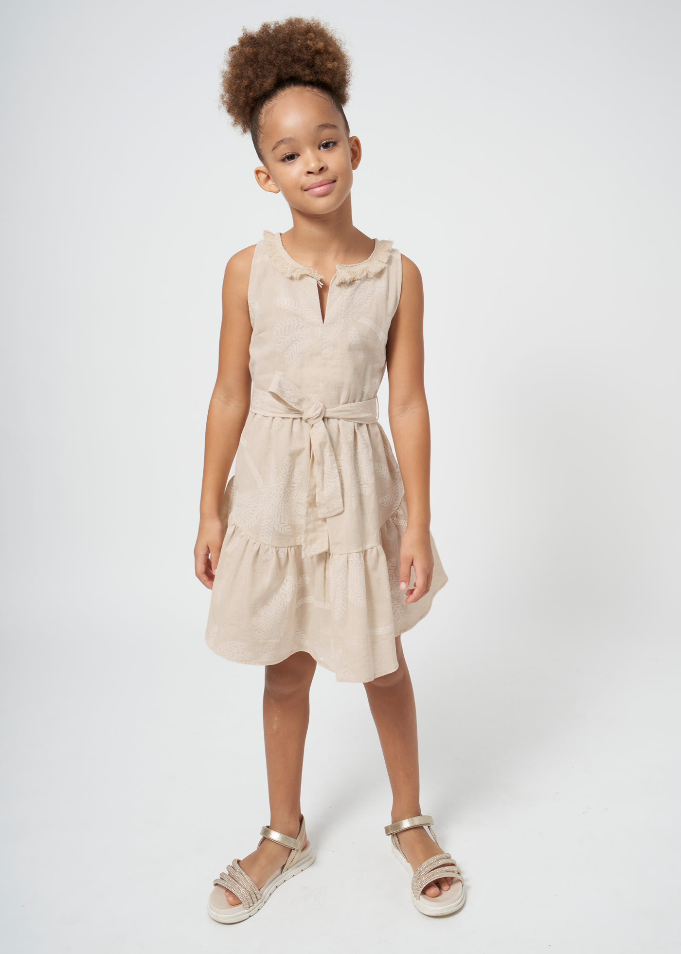 Girls linen dress palm print