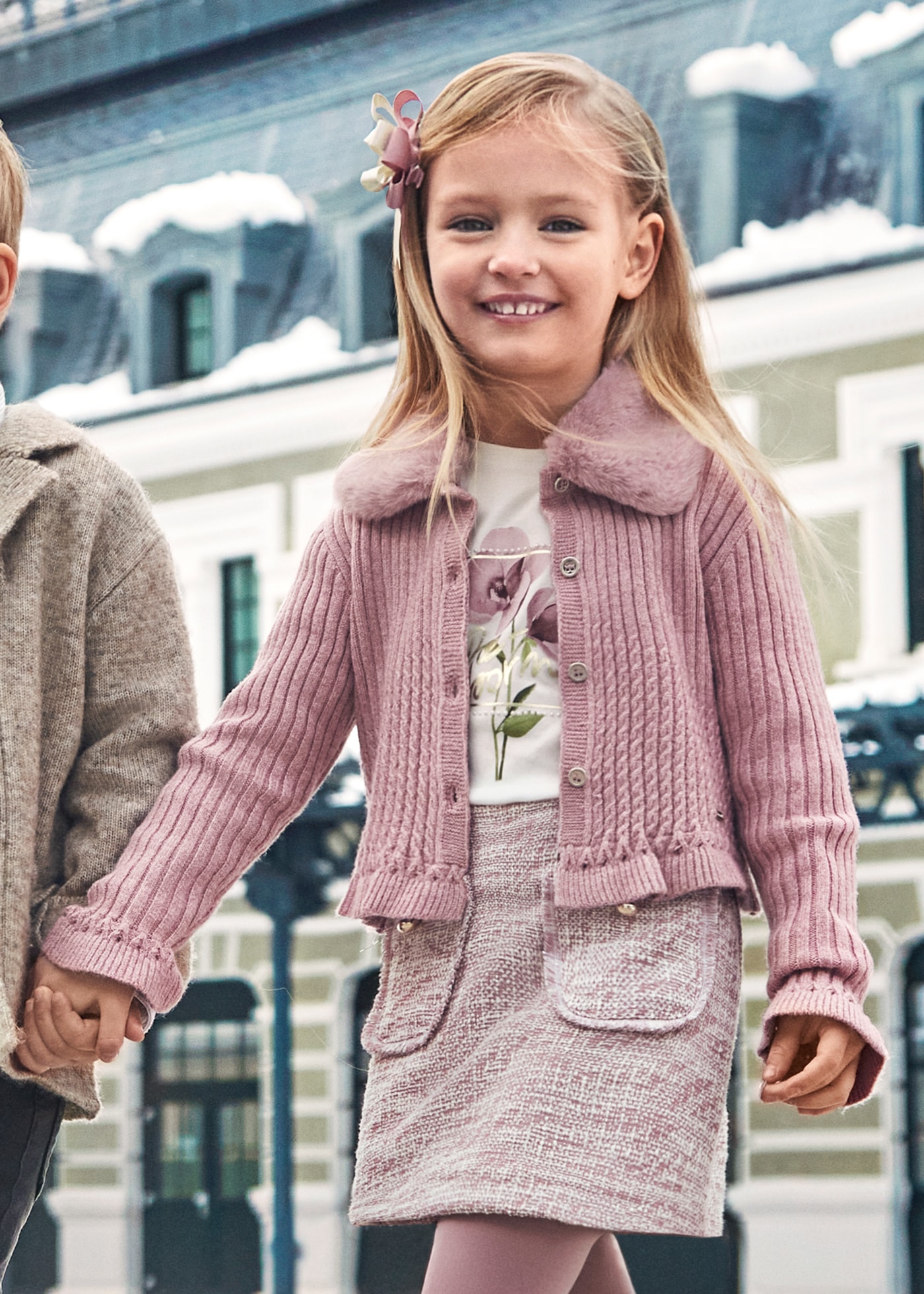 Cardigan in maglia colletto pellicciotto bambina Rosato vigore Mayoral