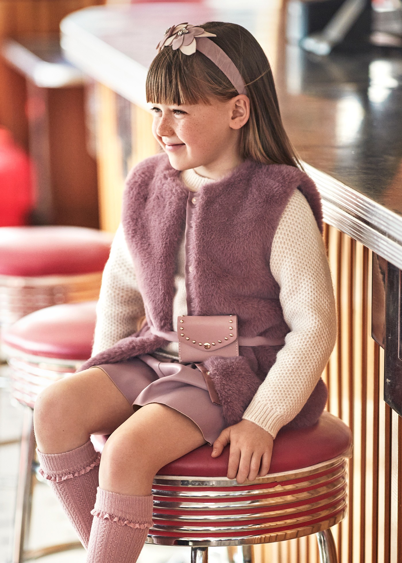 Girl Faux Fur Vest with Belt Plum Mayoral