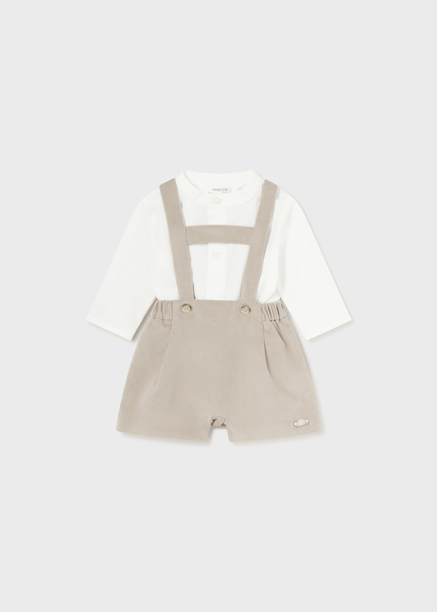 Completo pantaloncino bretelle e body neonato