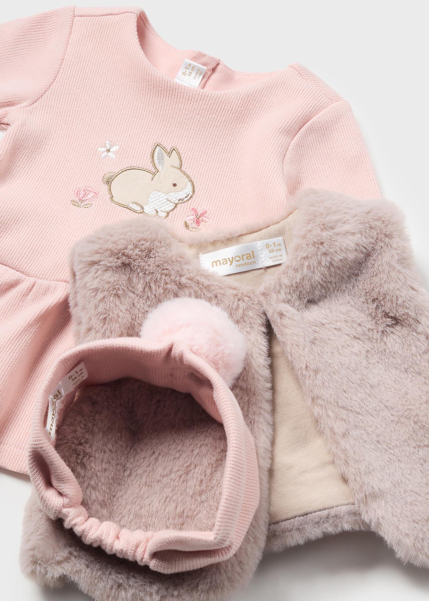 Newborn Girl 3 Piece Set with Faux Fur Vest Blush Mayoral