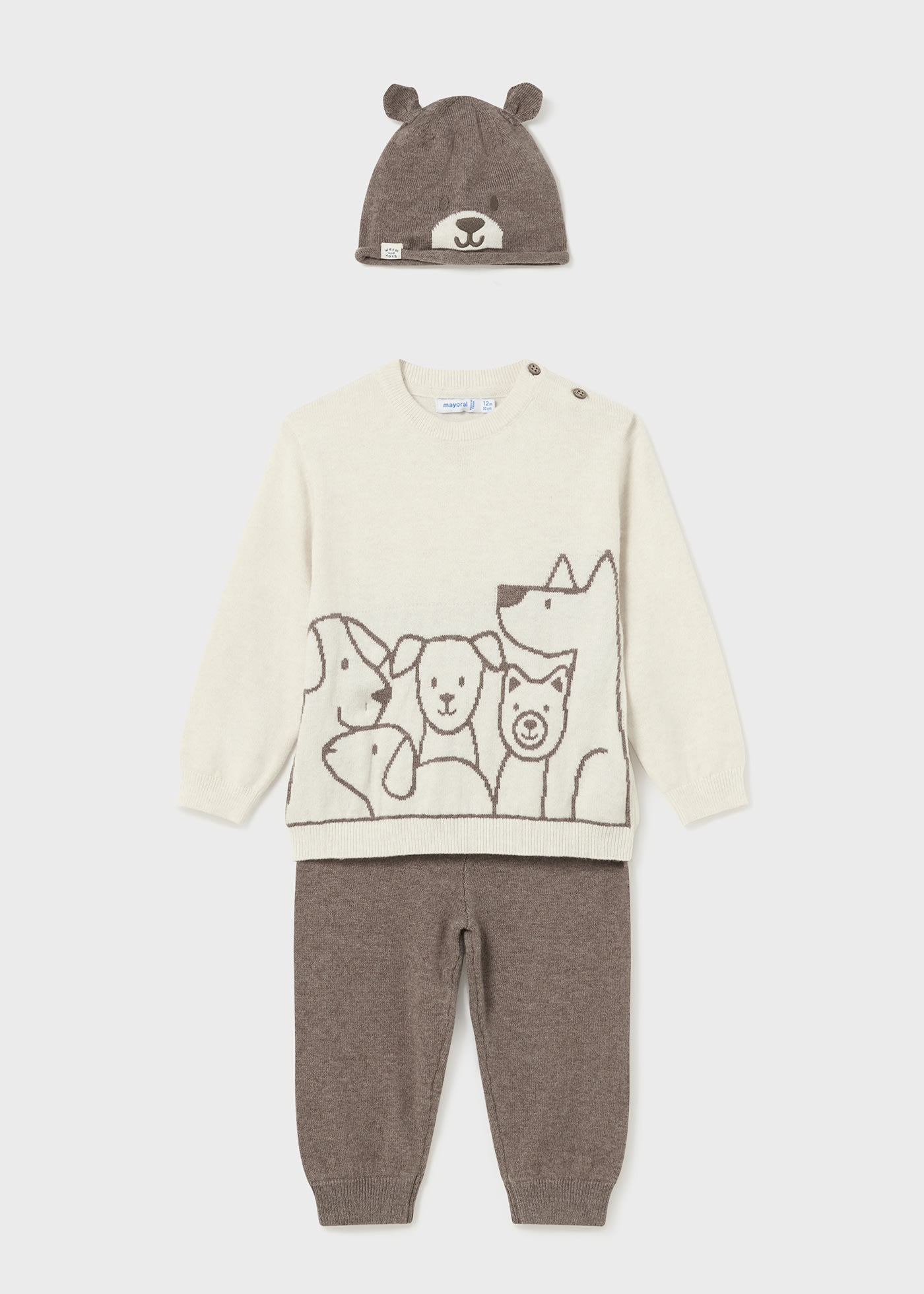 Conjunto gorro 3 peças tricot bebé