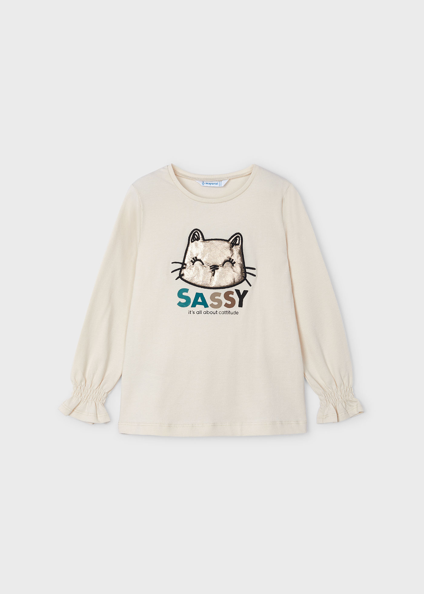 Playera manga fruncida gato niña