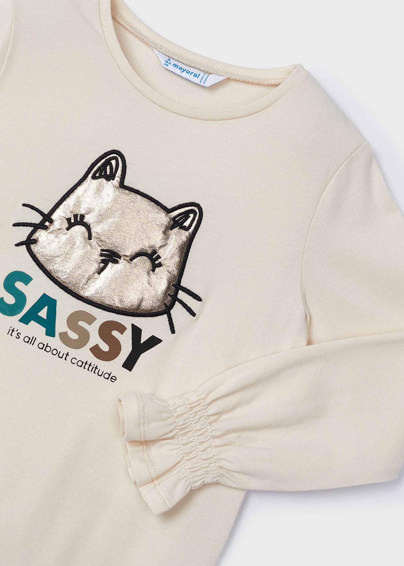 Playera manga fruncida gato niña