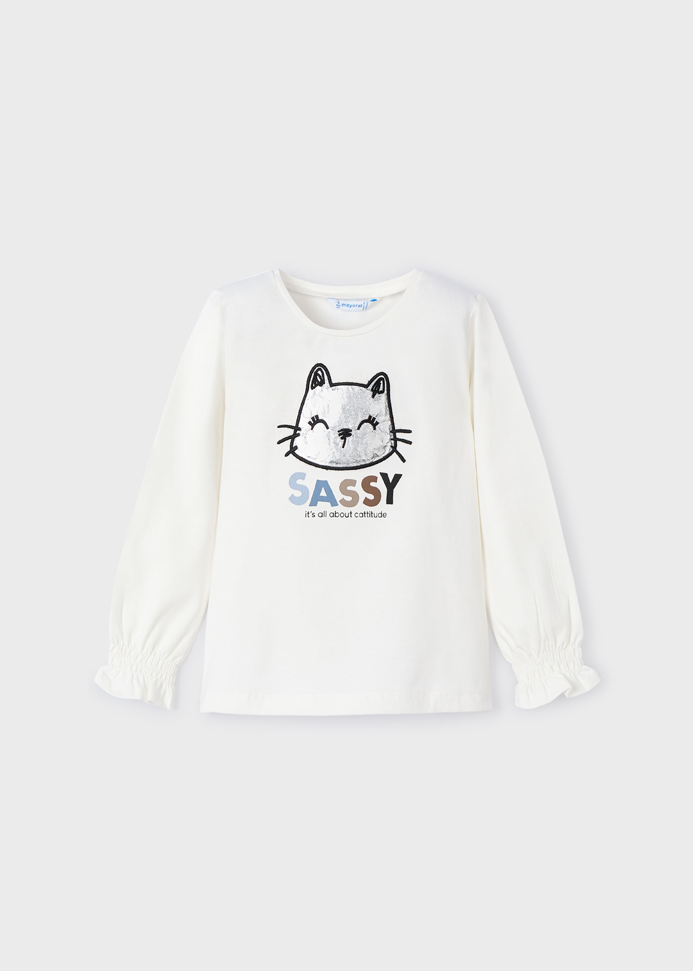 Playera manga fruncida gato niña