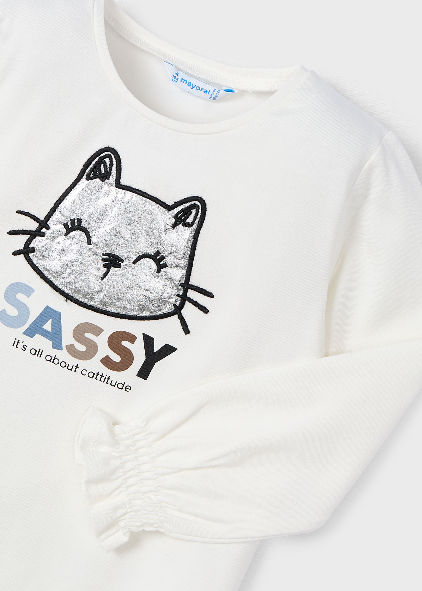 Playera manga fruncida gato niña