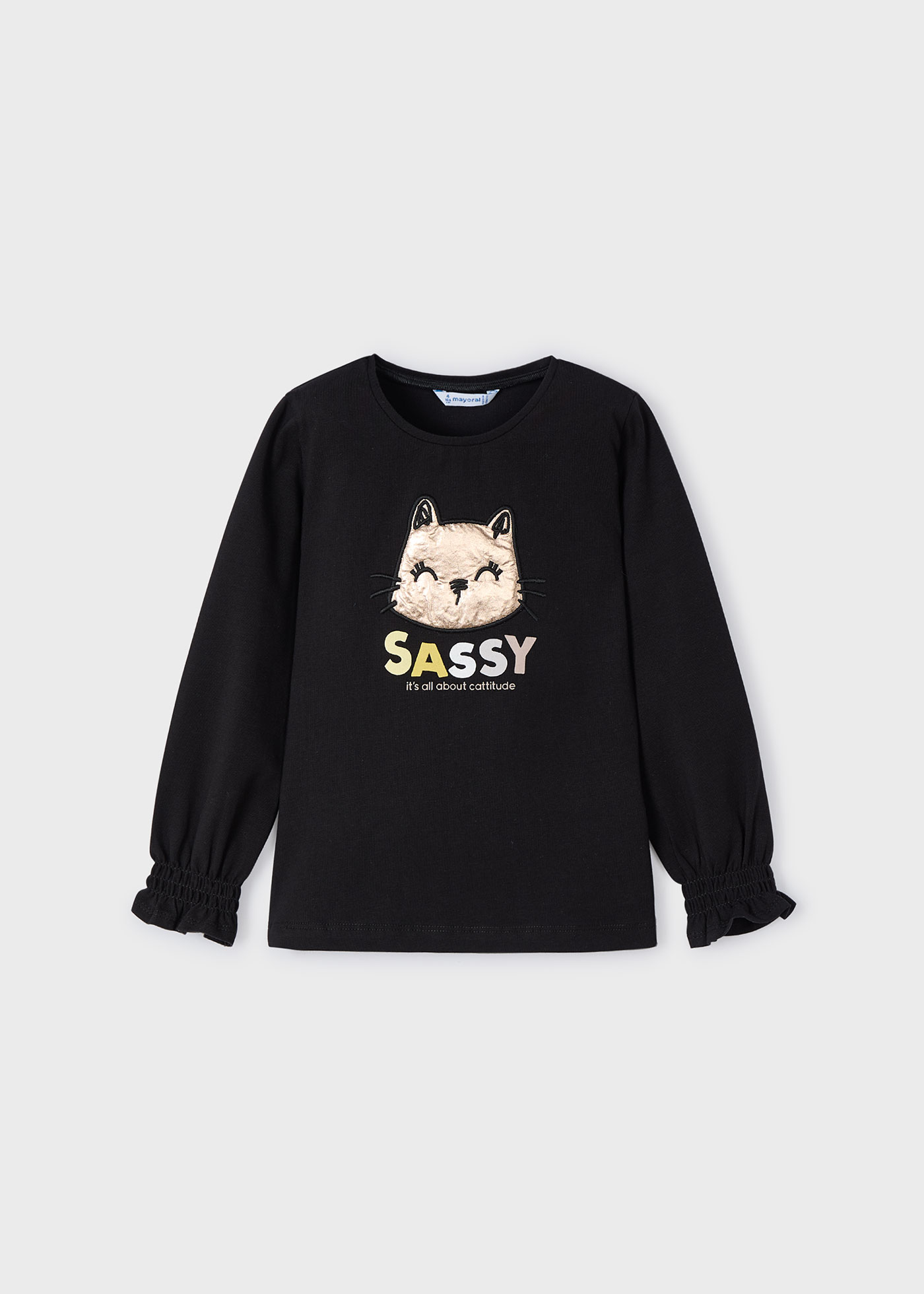 Playera manga fruncida gato niña