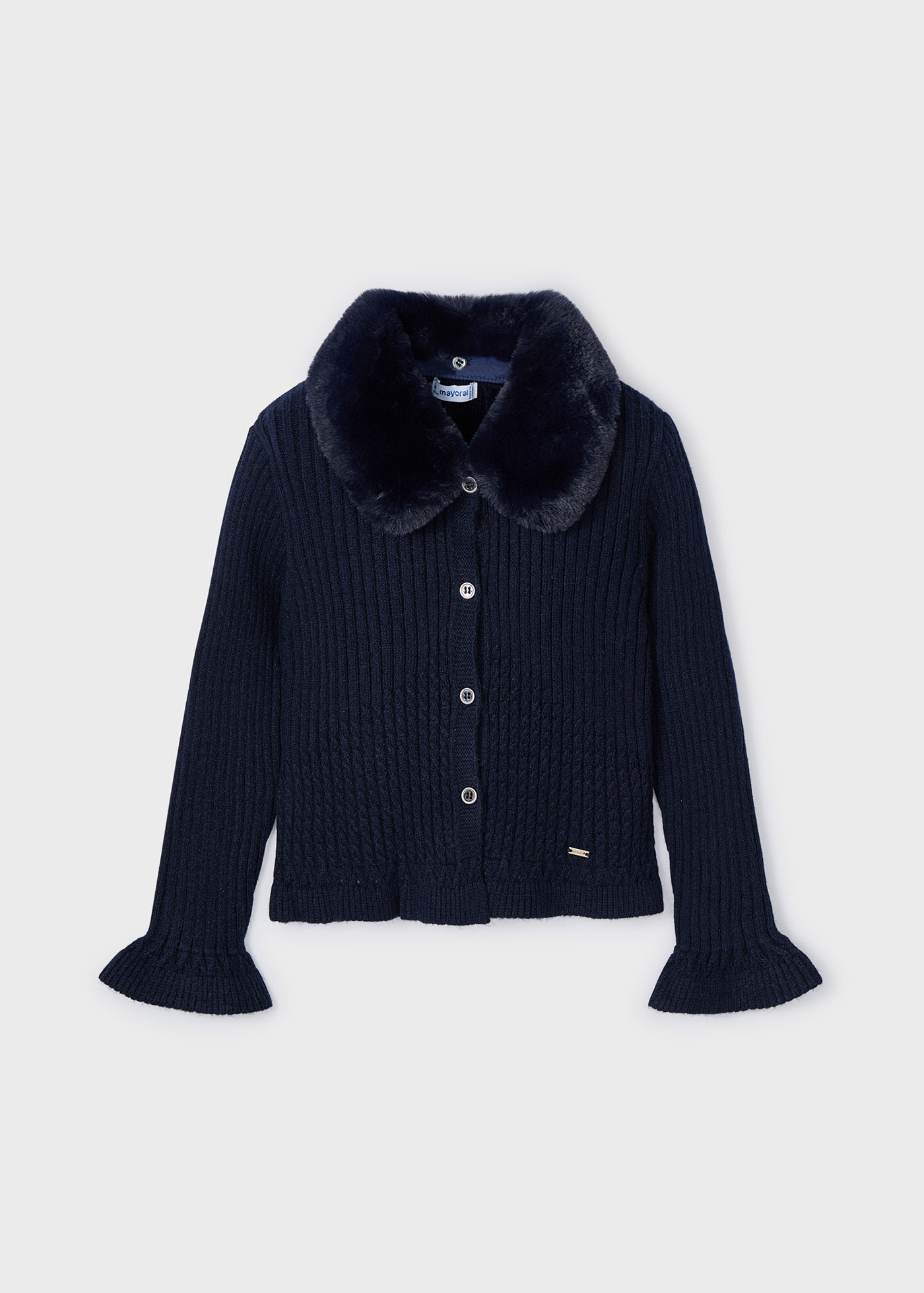 Girl Tricot Cardigan with Fur Collar Navy blue Mayoral