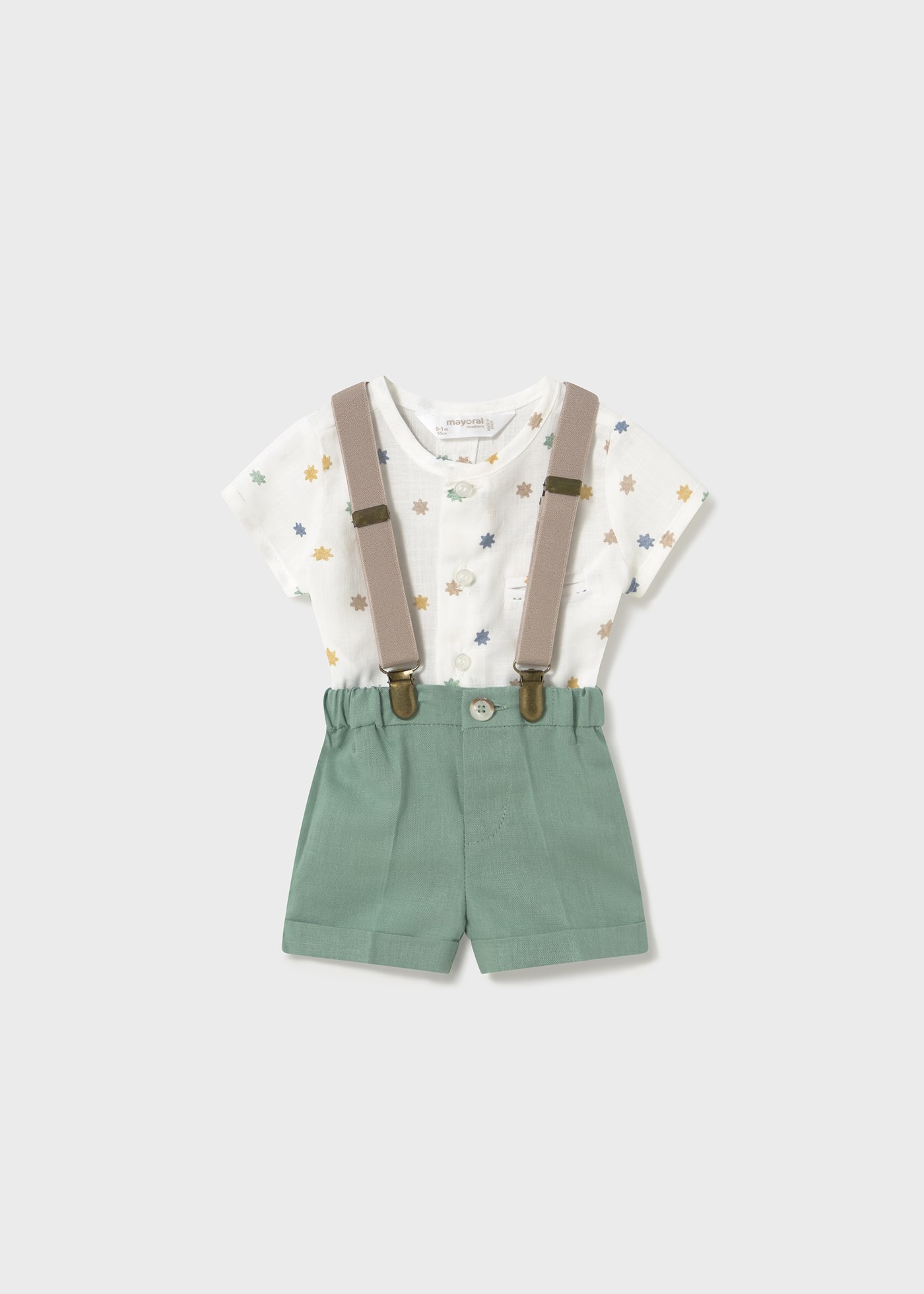 Set pantaloni scurti cu bretele si camasa nou-nascut