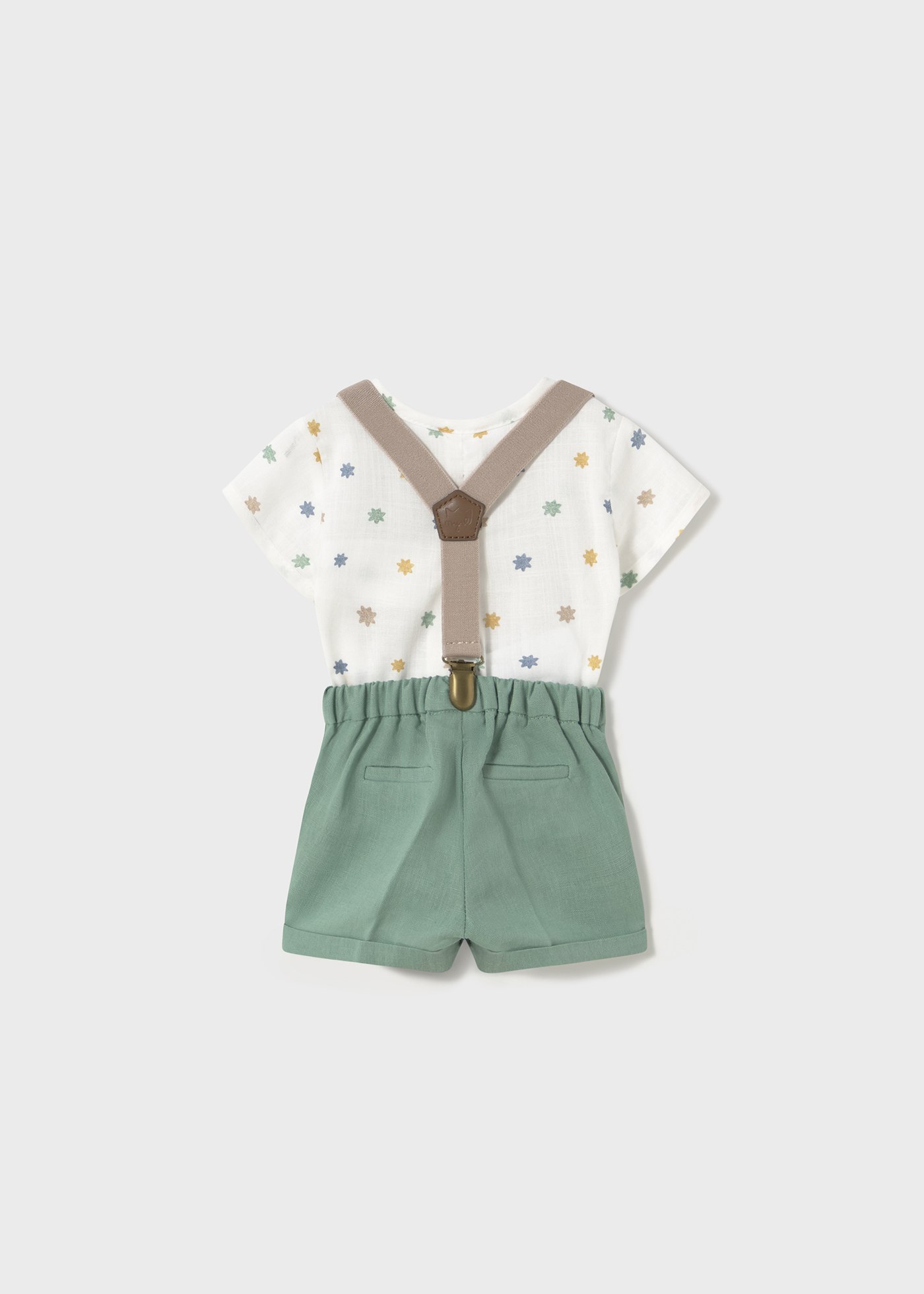 Set pantaloni scurti cu bretele si camasa nou-nascut
