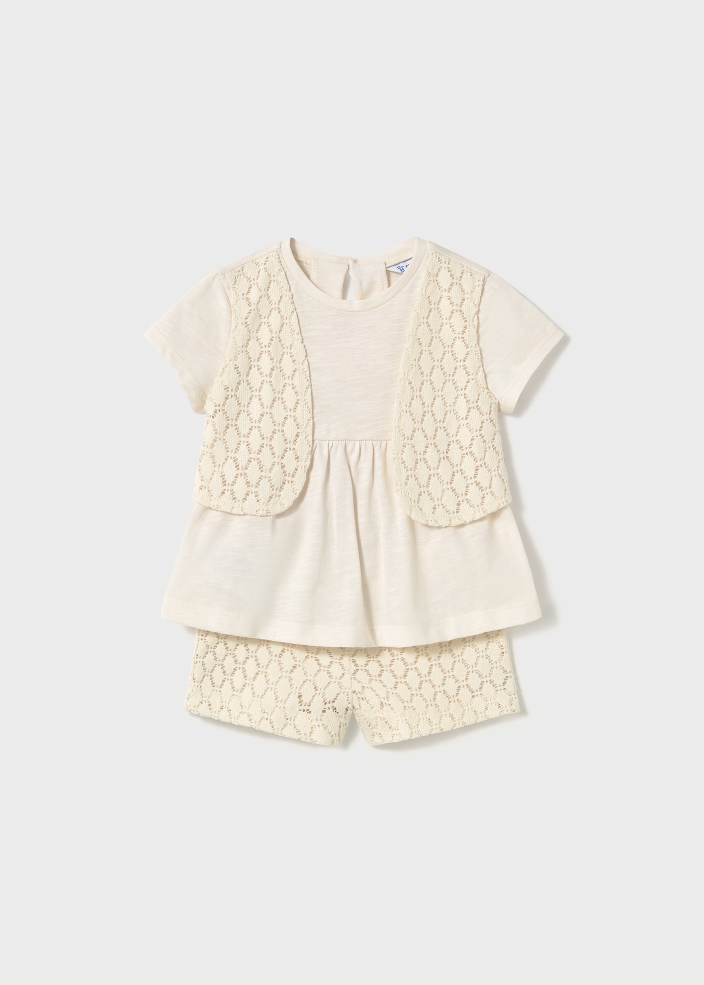 Baby guipure shorts and top set with decorative waistcoat