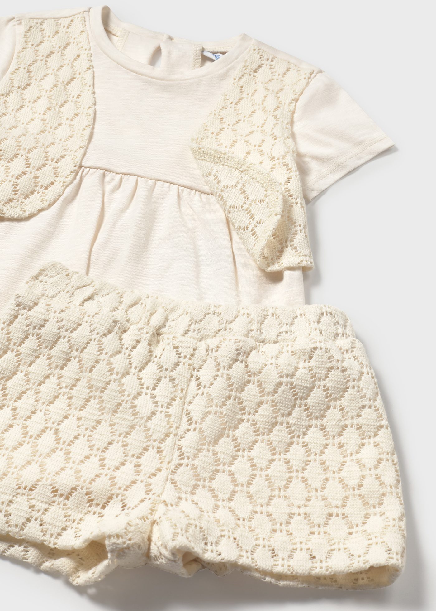 Baby guipure shorts and top set with decorative waistcoat