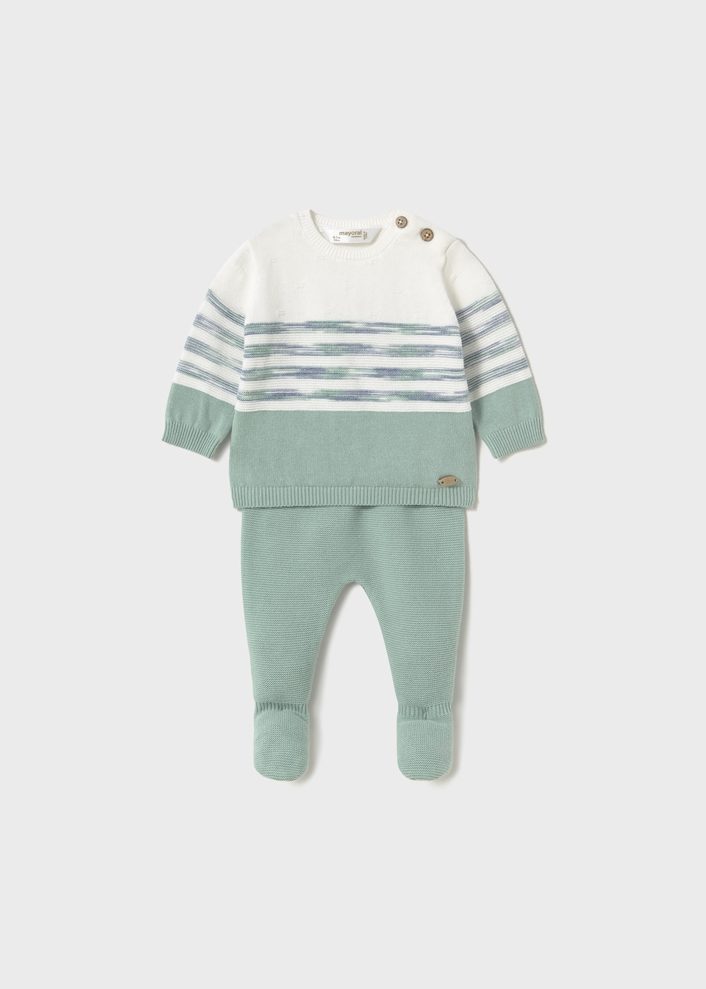 Conjunto calças com pés e camisola tricô recém nascido
