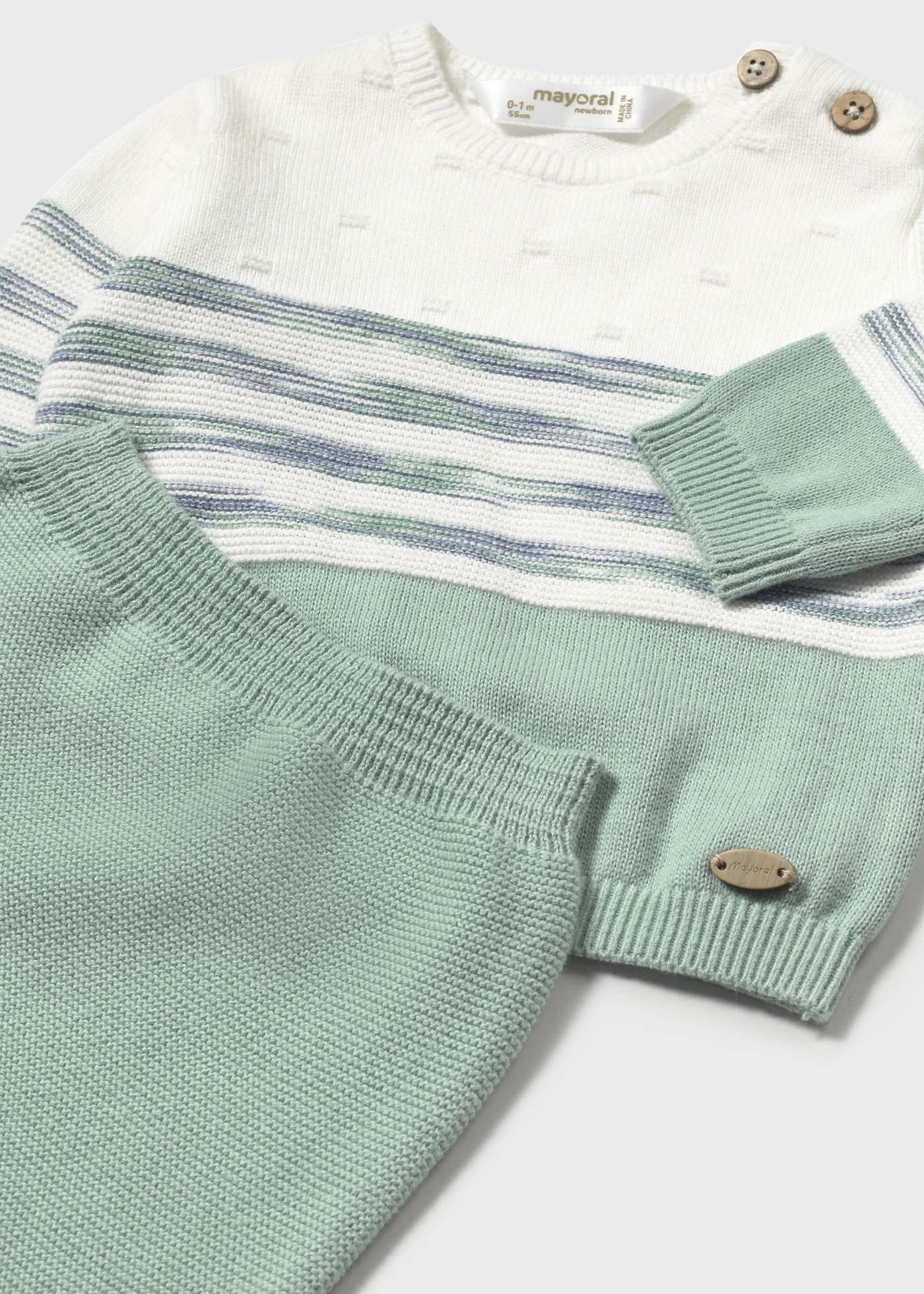 Conjunto calças com pés e camisola tricô recém nascido