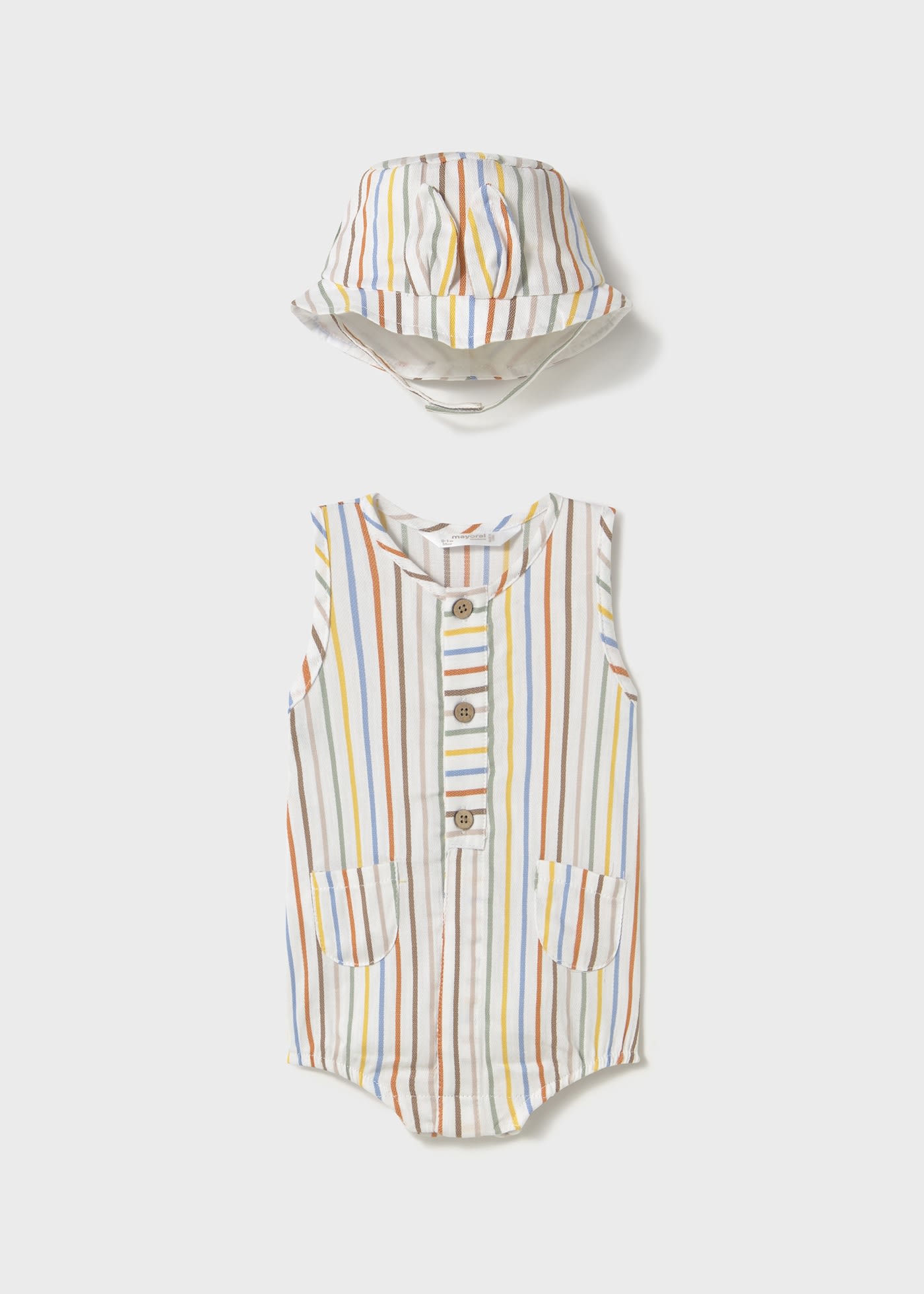 Newborn boy striped romper with bonnet