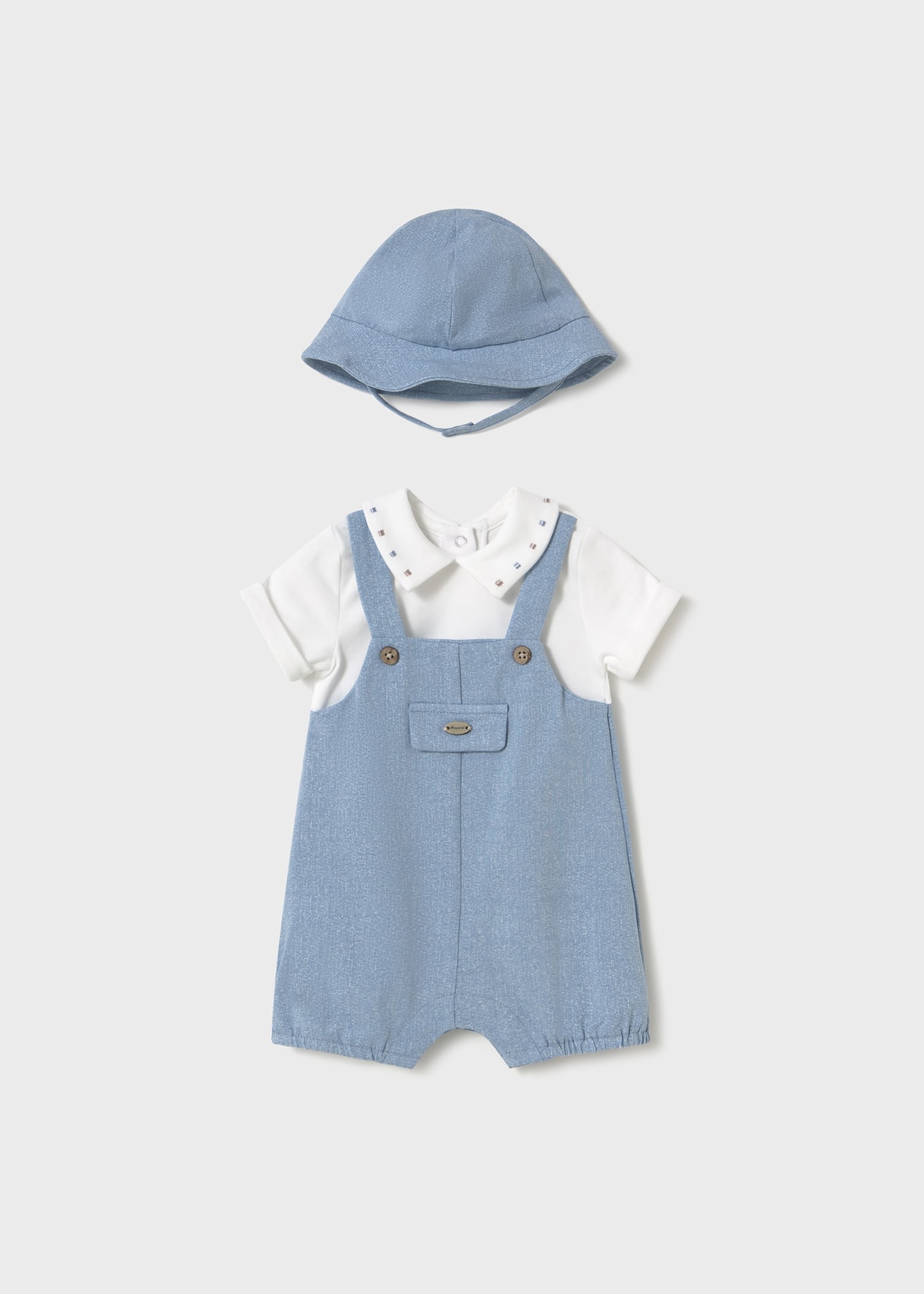 Newborn boy faux dungarees romper with bonnet