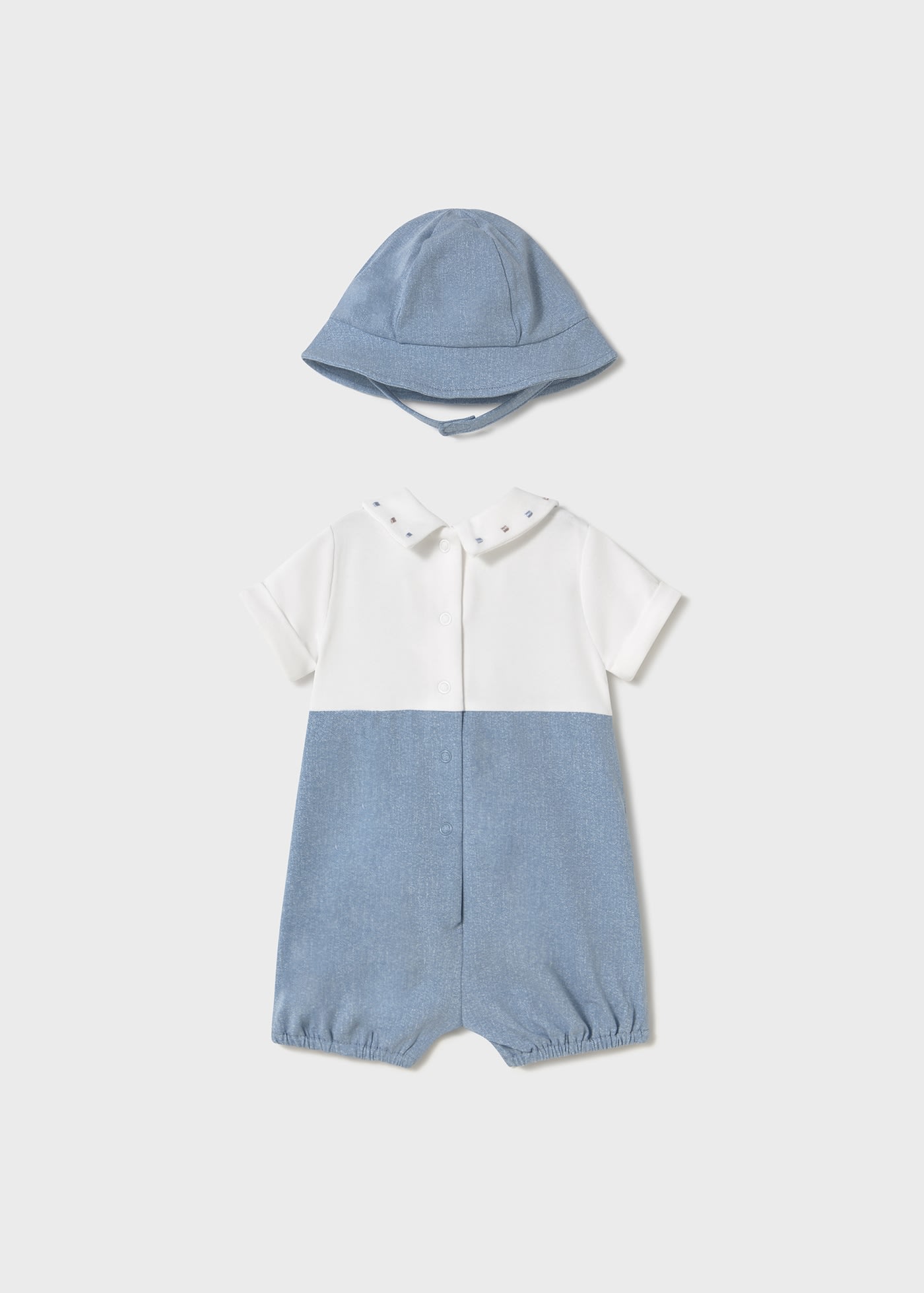 Newborn boy faux dungarees romper with bonnet