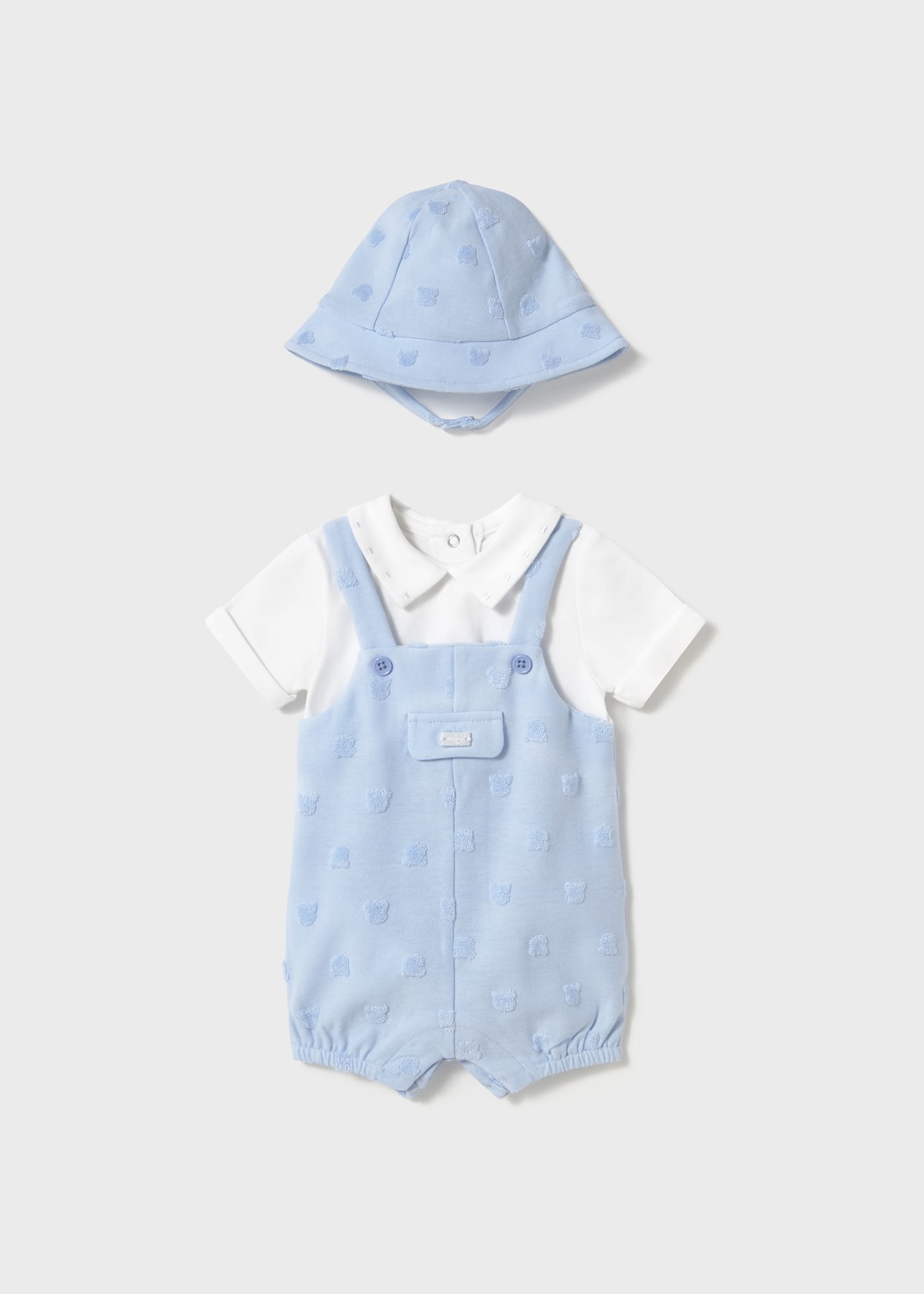 Newborn boy faux dungarees romper with bonnet