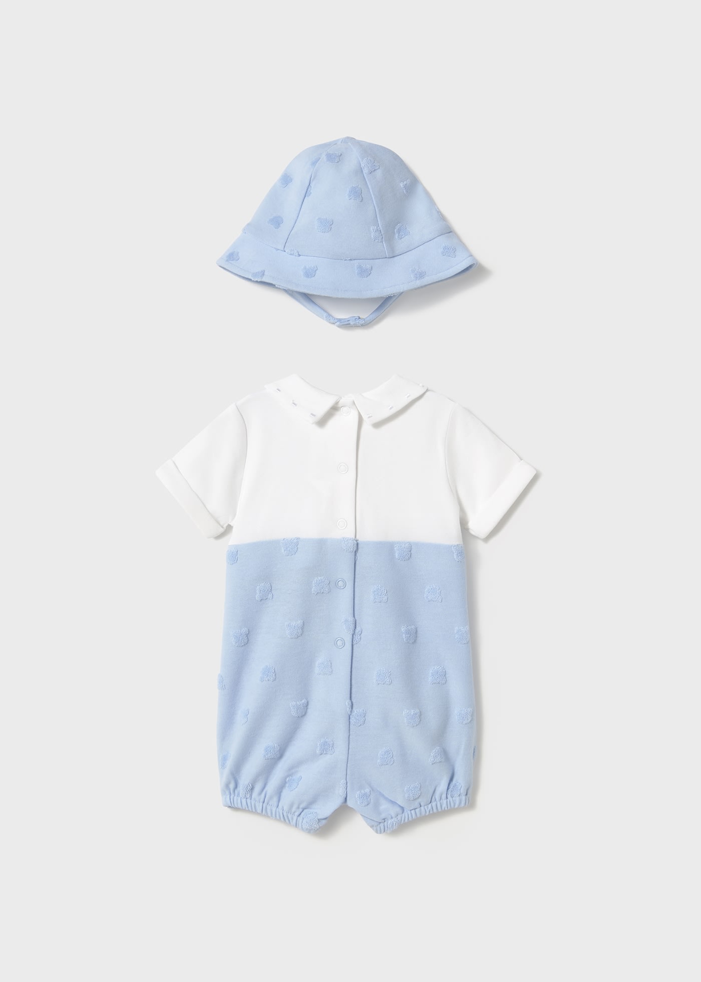 Newborn boy faux dungarees romper with bonnet