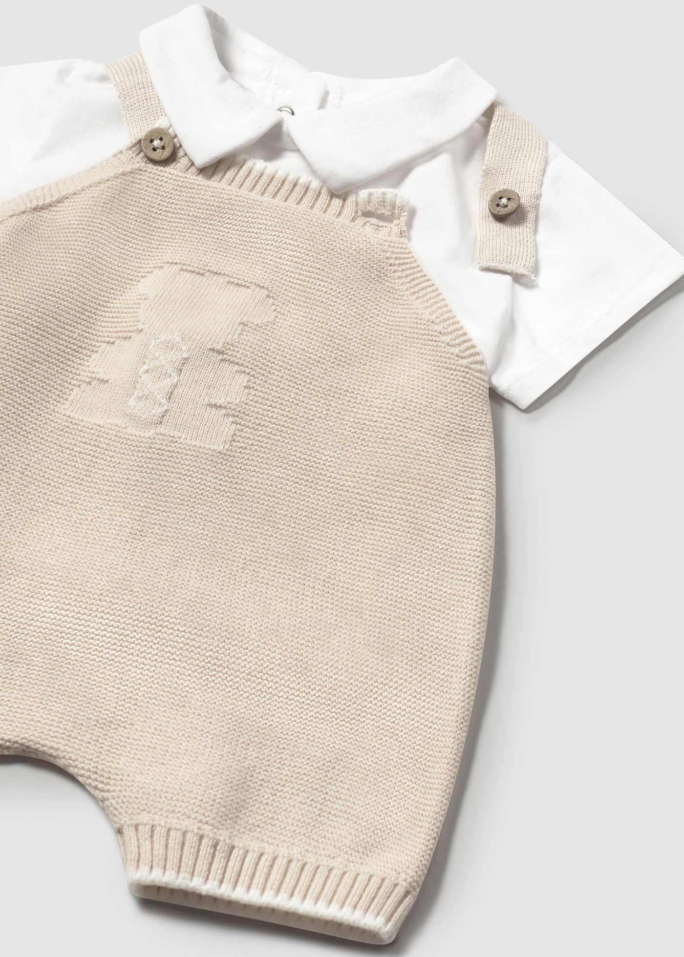 Completo salopette tricot e maglietta neonato