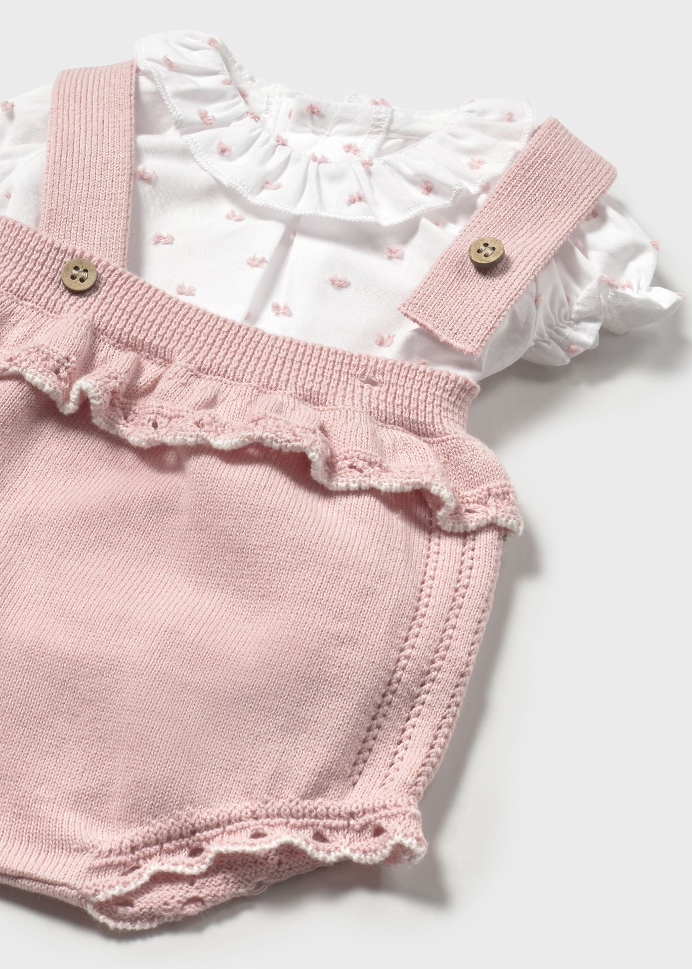 Completo salopette tricot e blusa neonata