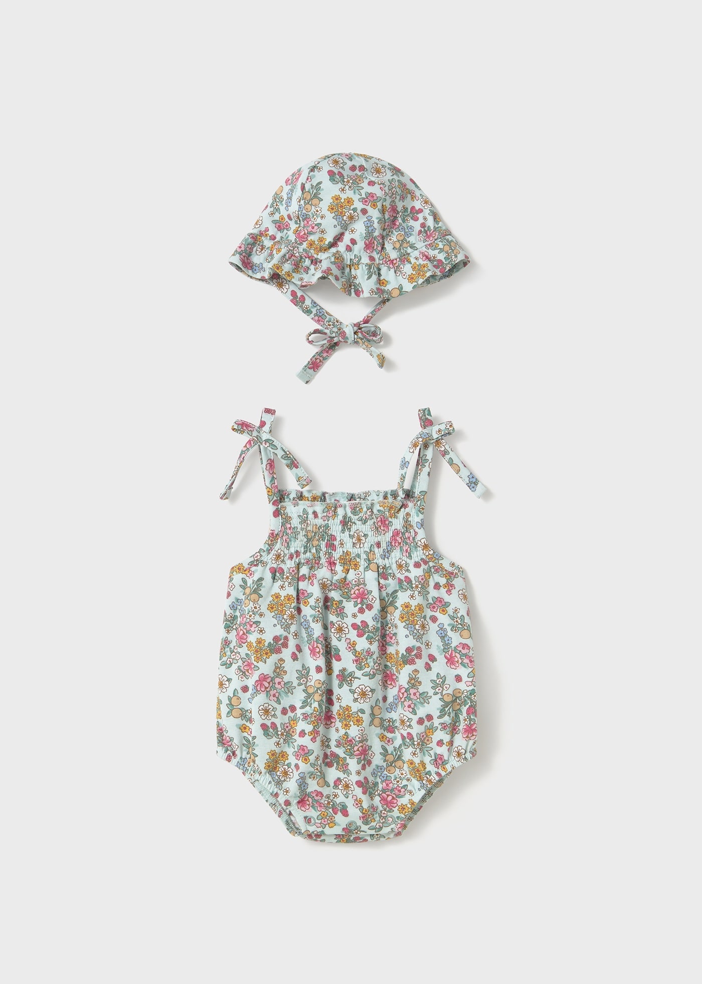 Pagliaccetto con cappello fiori neonata