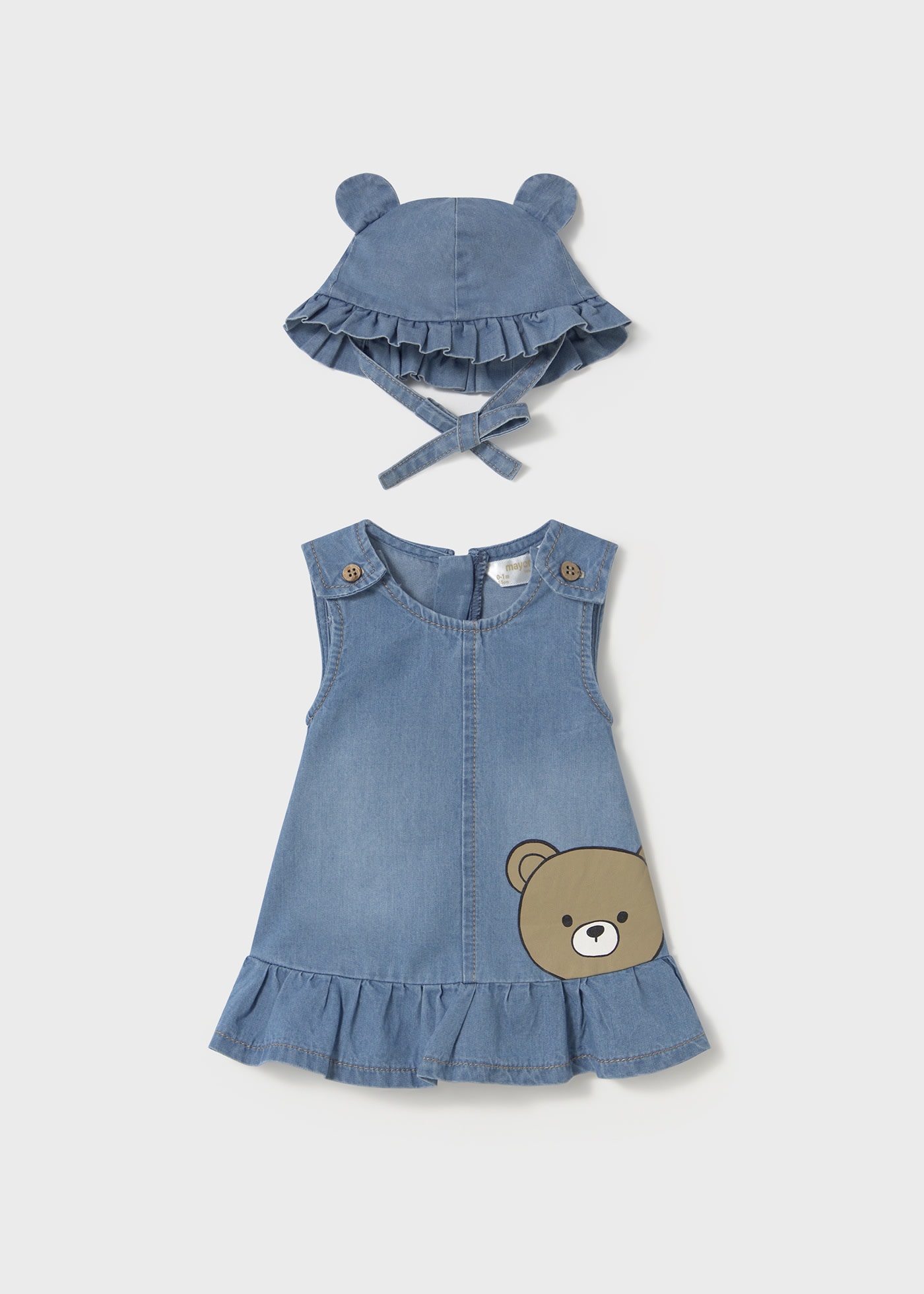 Newborn girl denim dress with bonnet