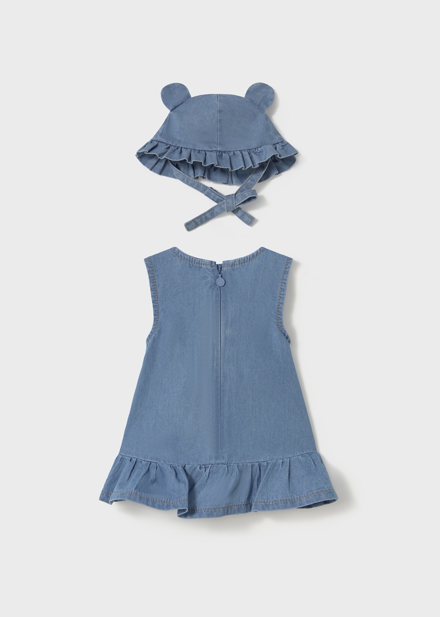 Newborn girl denim dress with bonnet