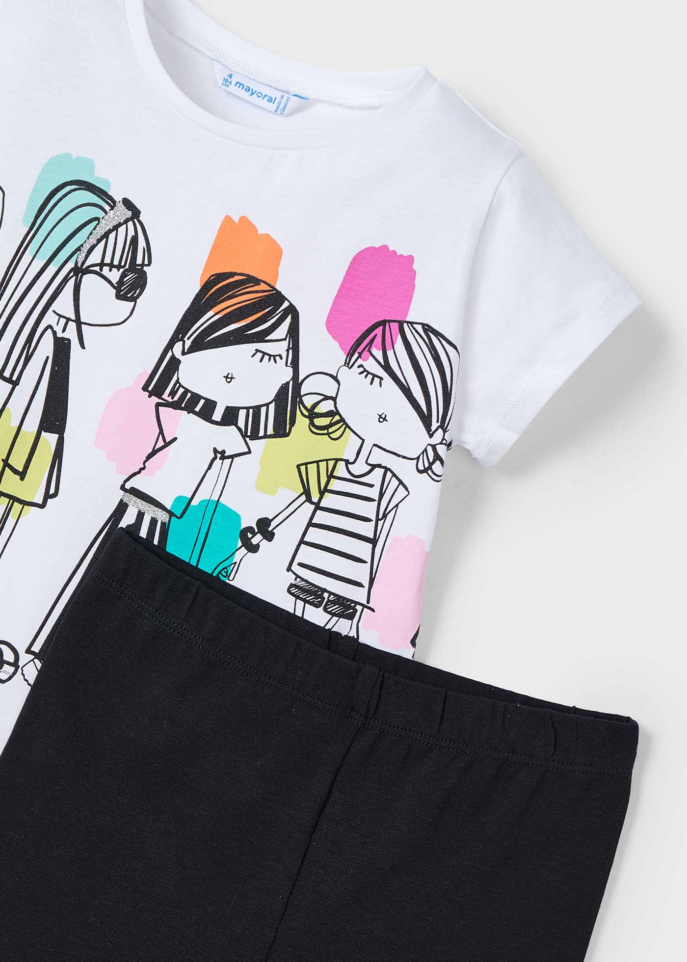 Completo leggings alla caviglia e maglietta stampata bambina