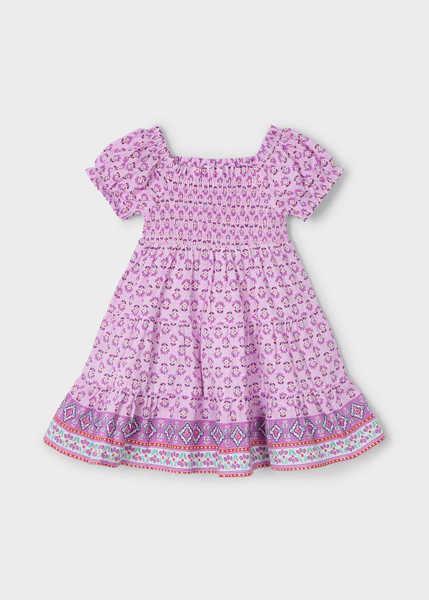 Robe imprimée avec bord en nid d'abeille fille