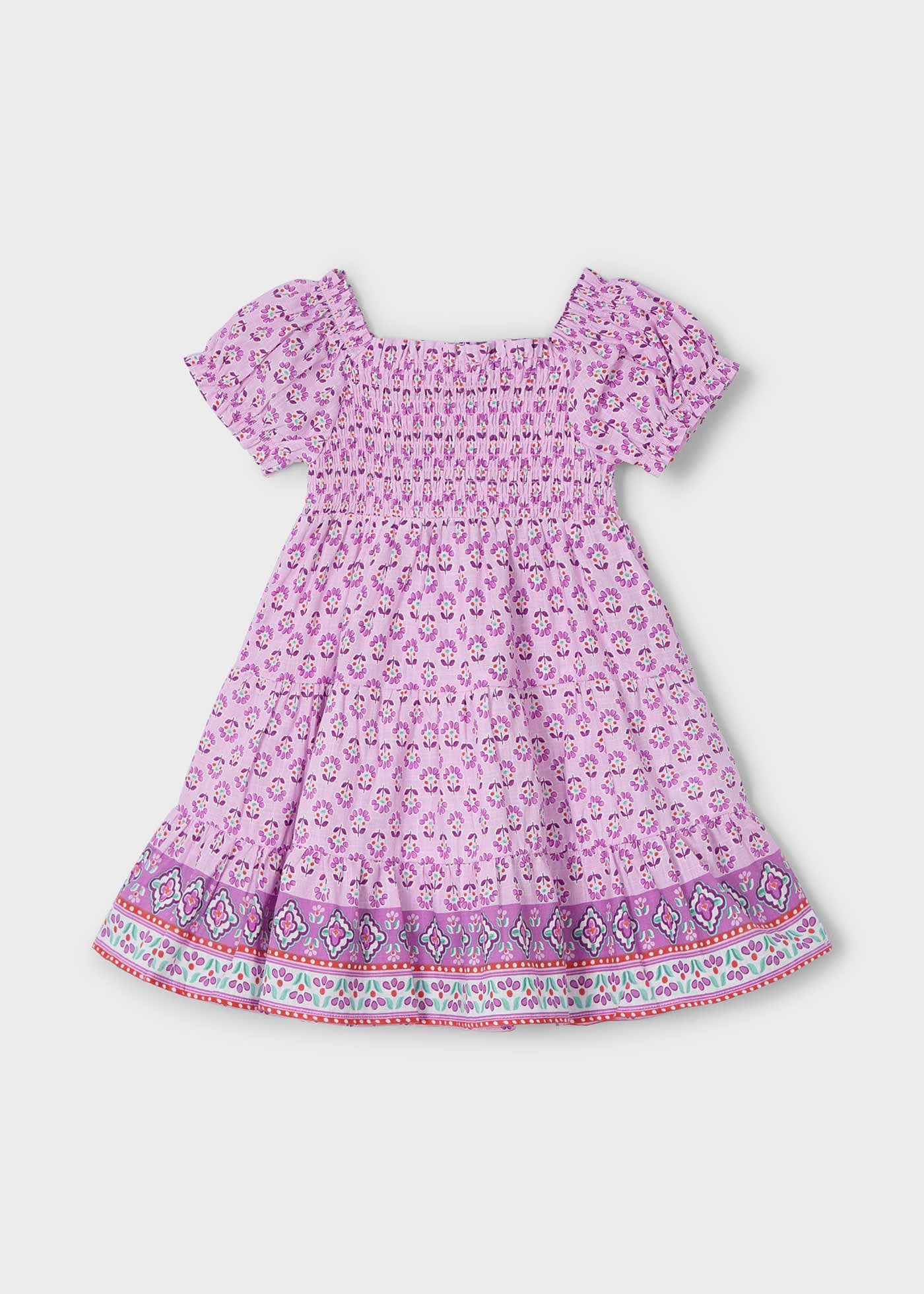 Robe imprimée avec bord en nid d'abeille fille