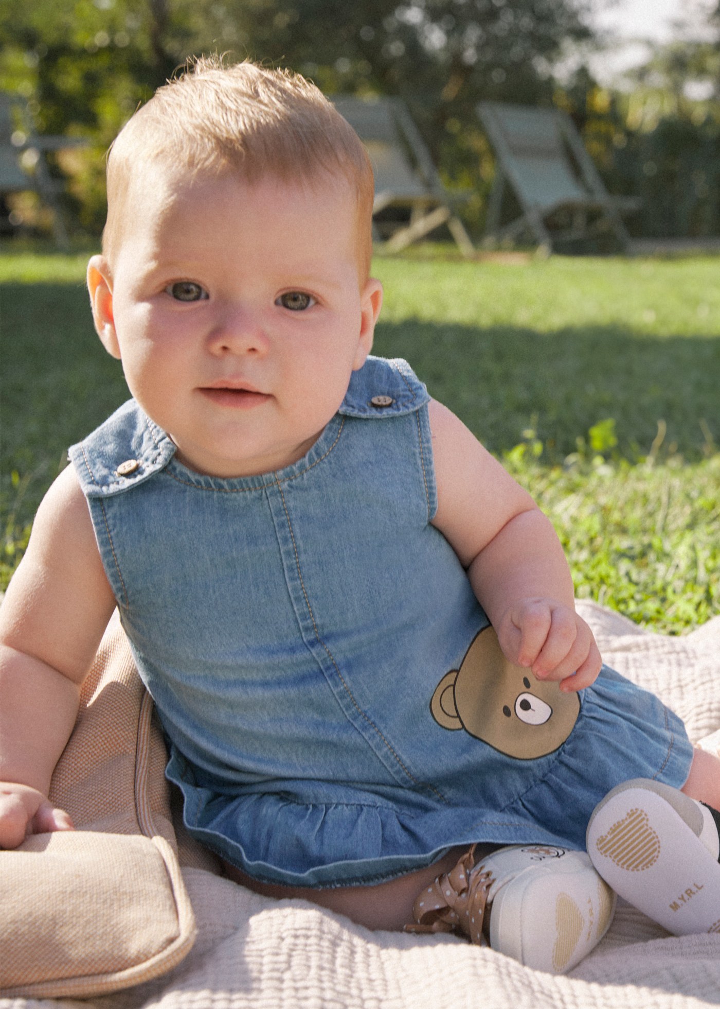 Newborn girl denim dress with bonnet