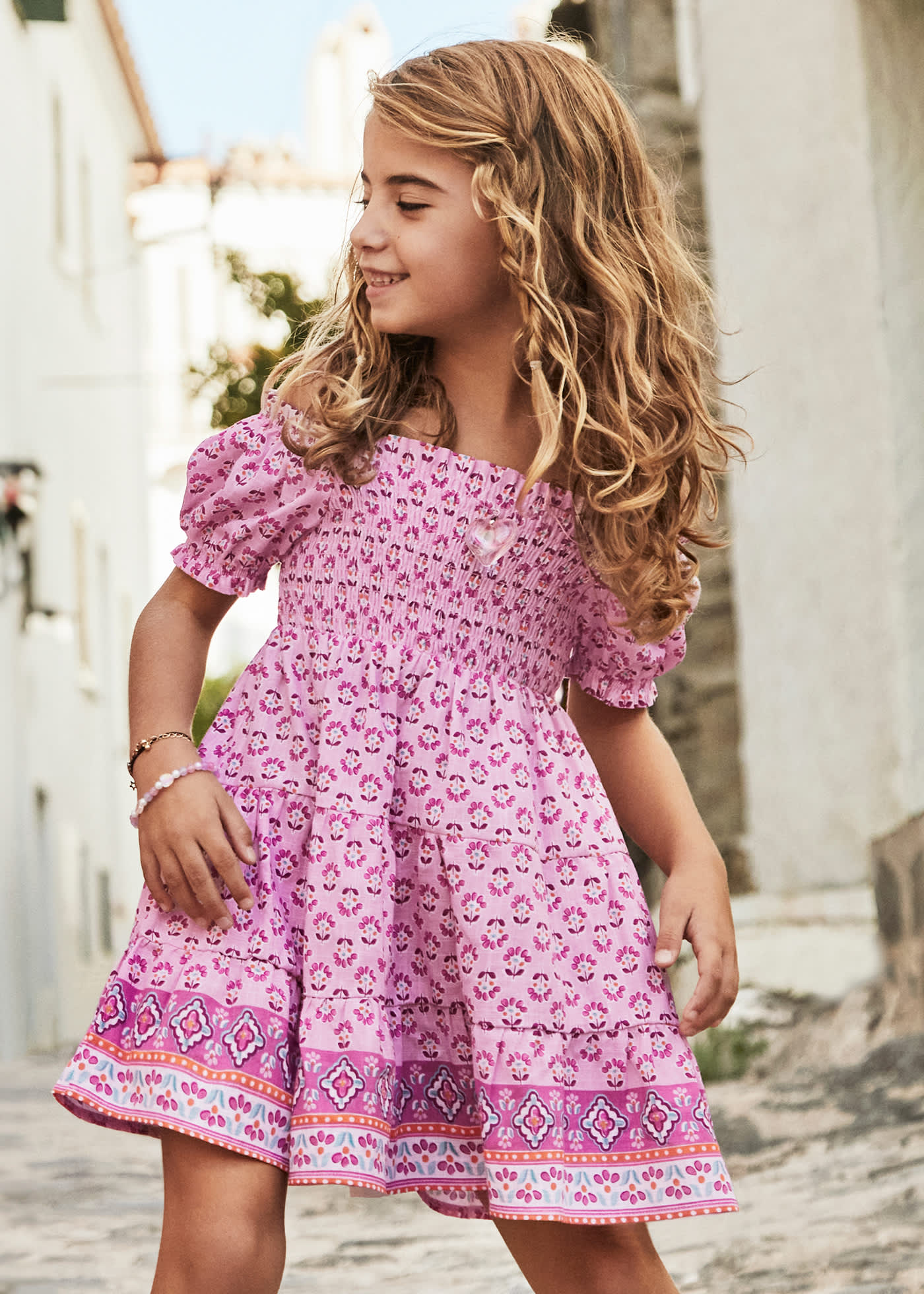 Vestido estampado cenefa nido de abeja niña