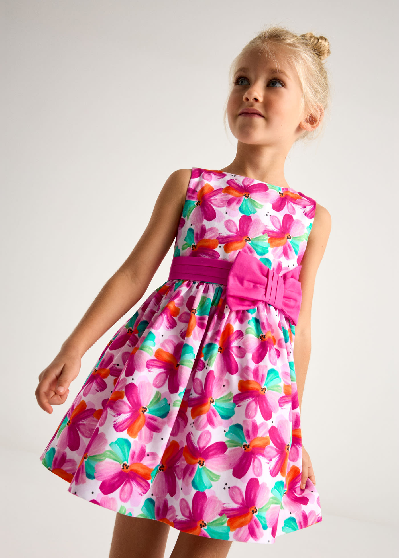 Girl print dress with bow