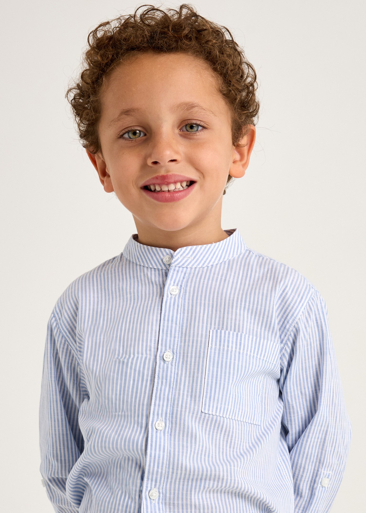 Boy Long Sleeve Striped Mandarin Collar Shirt