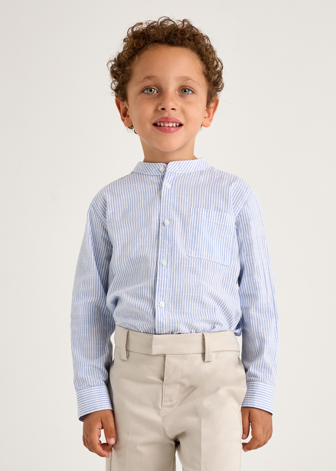 Boy Long Sleeve Striped Mandarin Collar Shirt