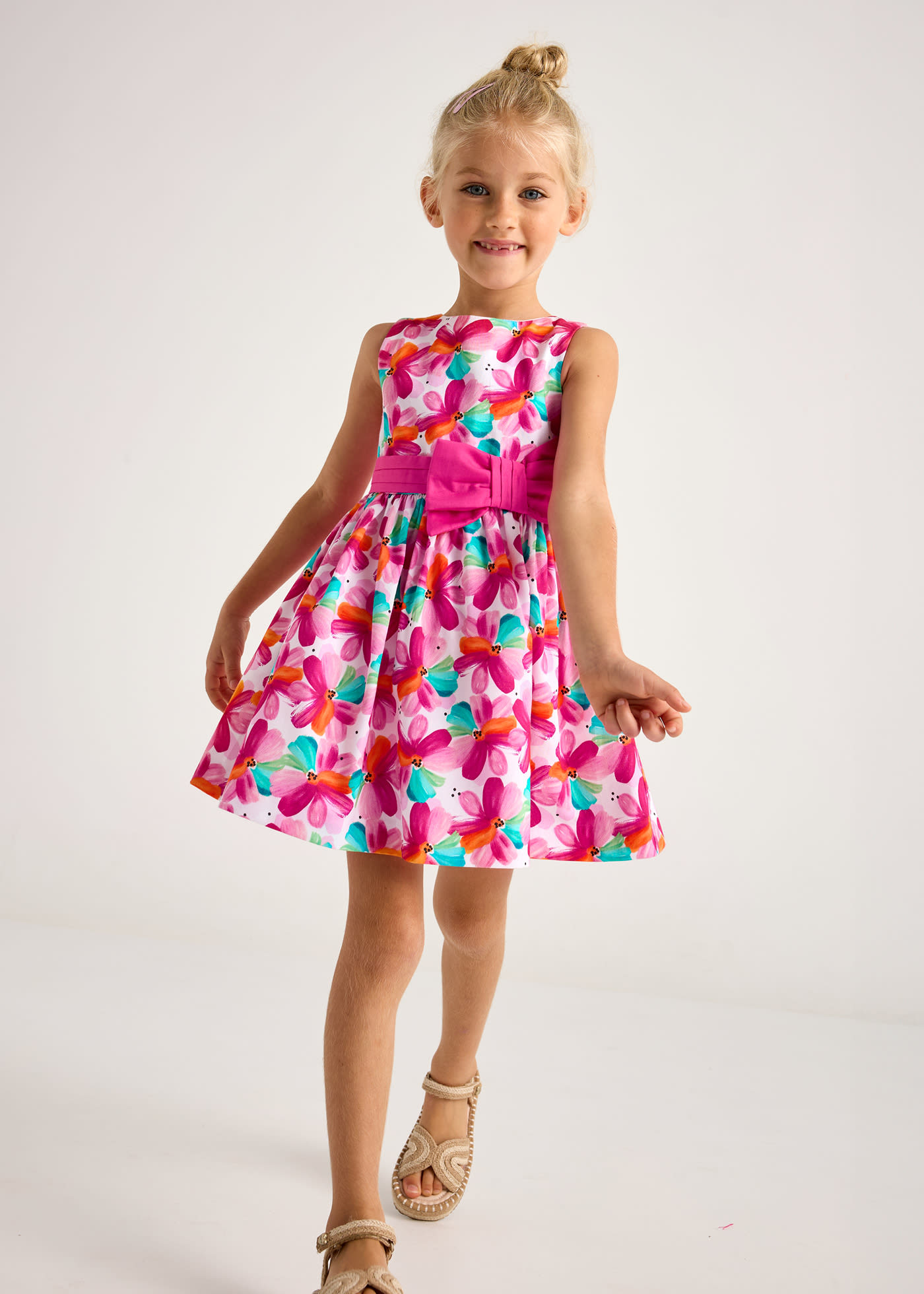 Girl print dress with bow