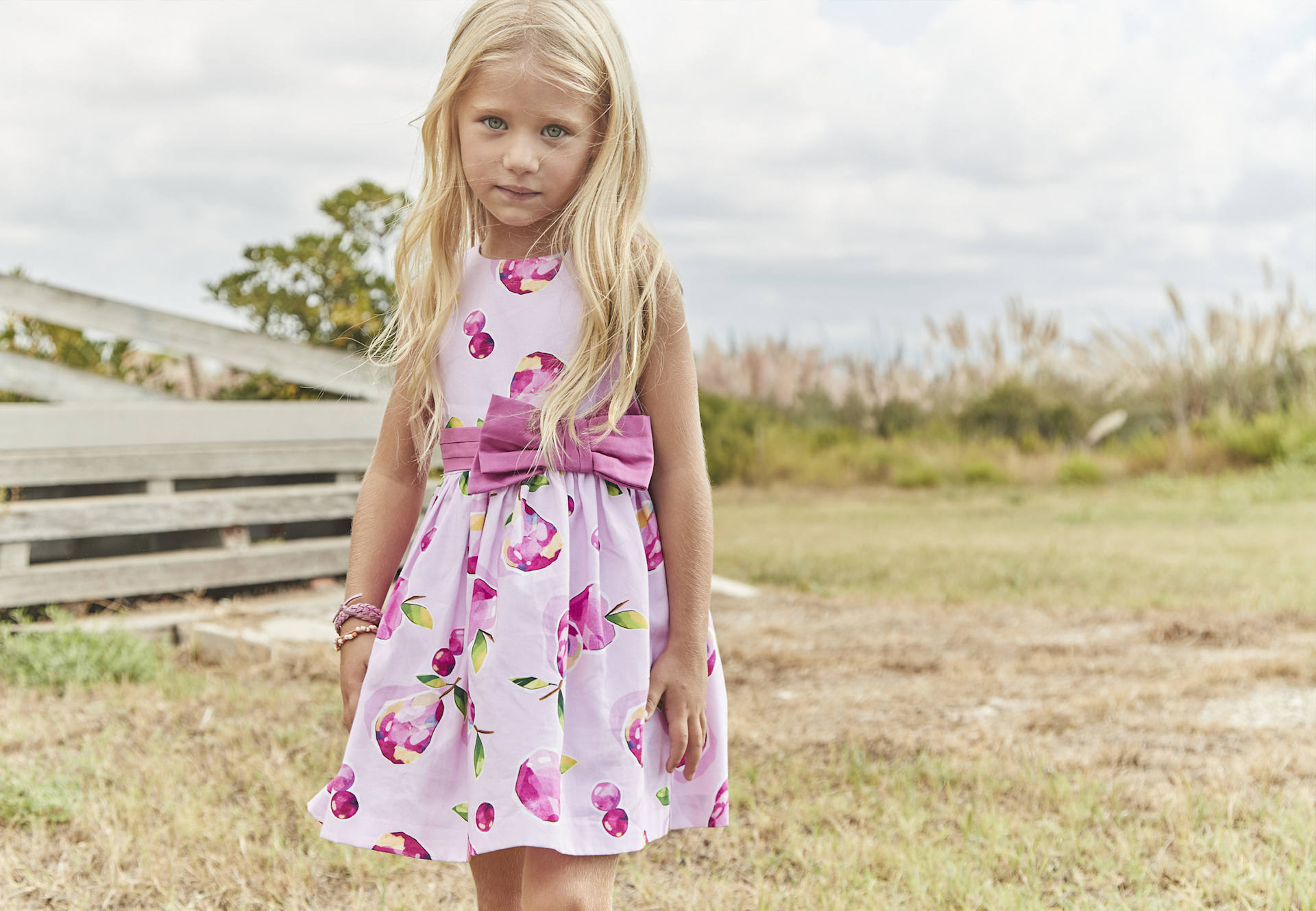 Girl Floral Waist Bow Print Dress