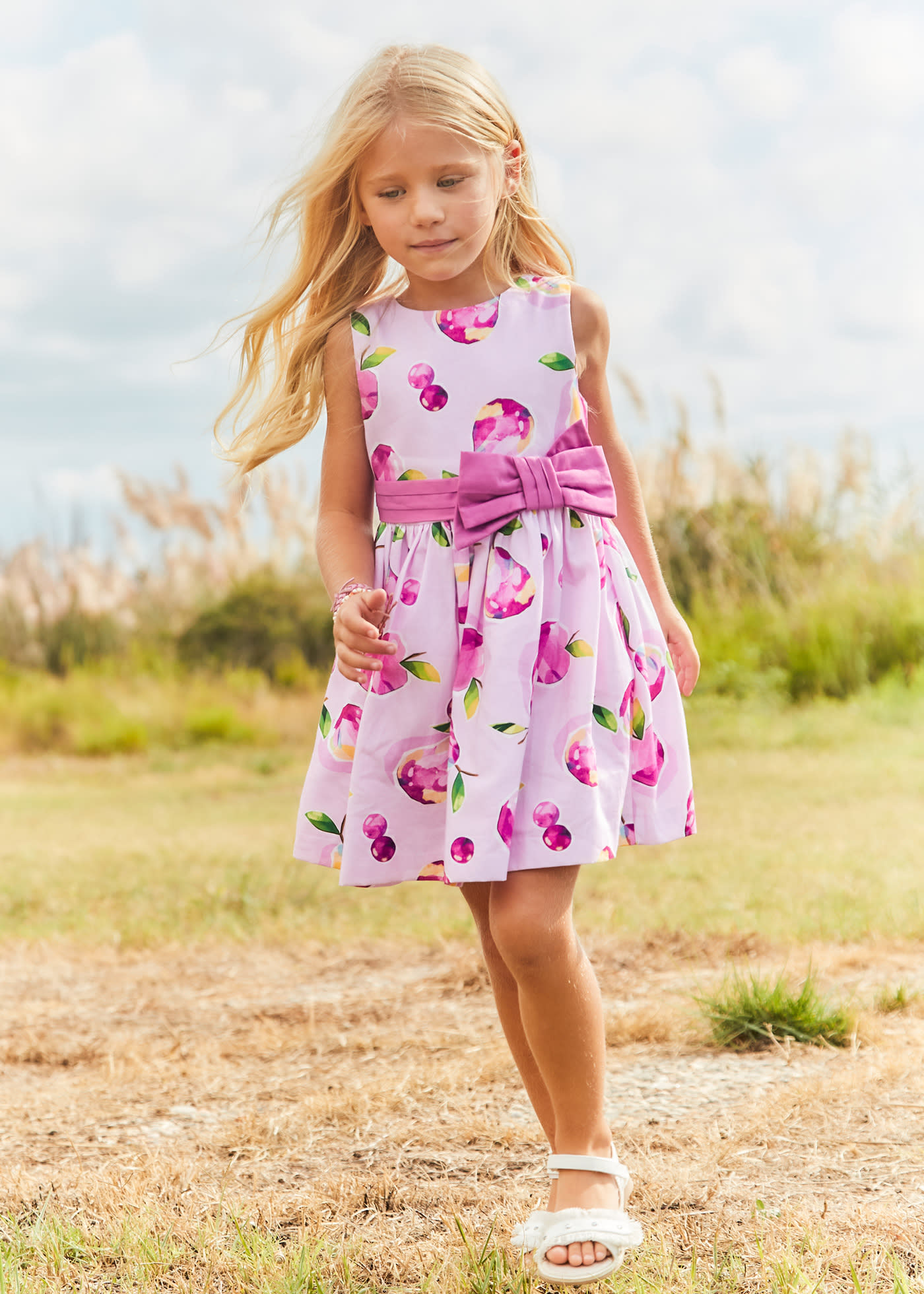 Girl Floral Waist Bow Print Dress