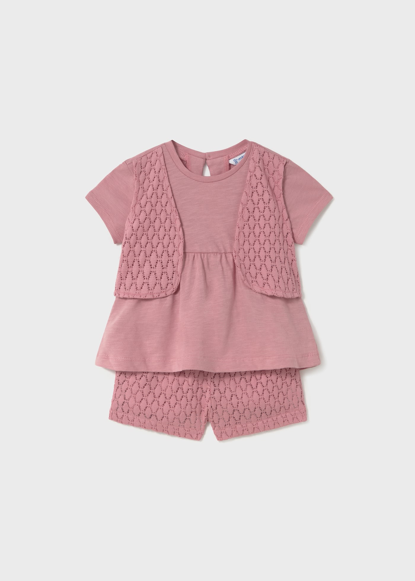 Conjunto calções e t-shirt colete simulado guipure bebé