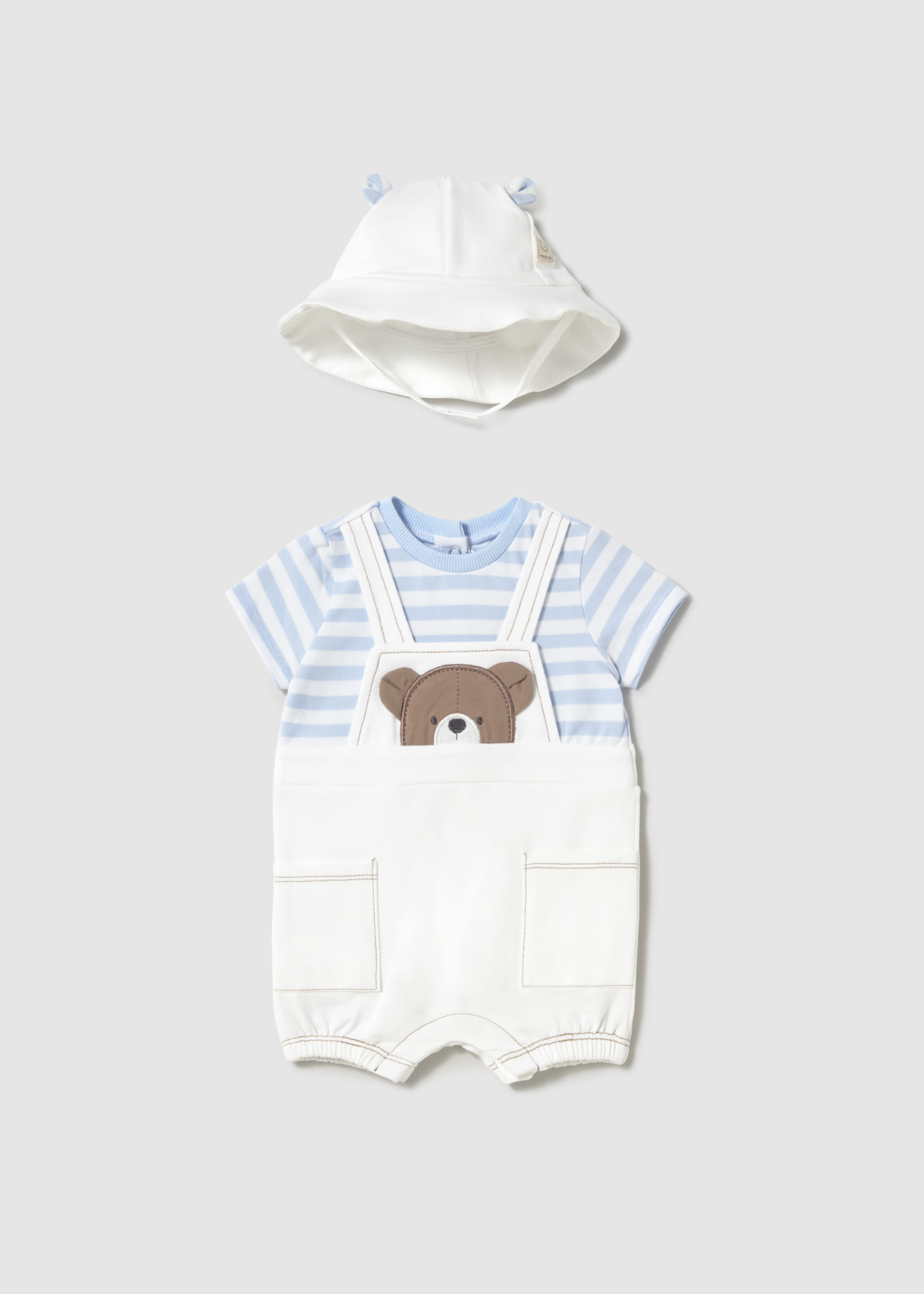 Newborn Bear Print Simulated Dungaree Romper with Hat