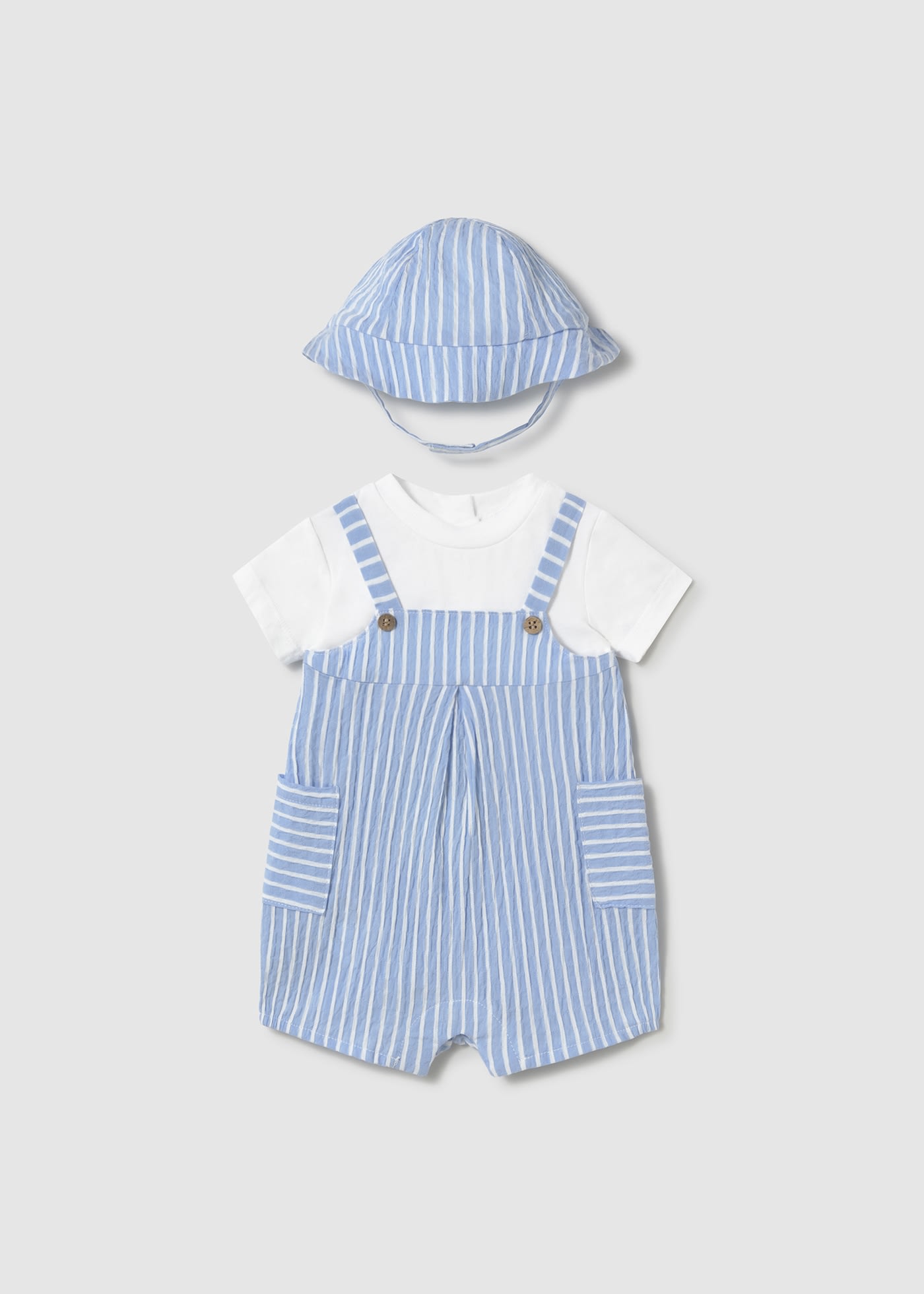 Newborn Striped Simulated Dungaree Romper with Hat