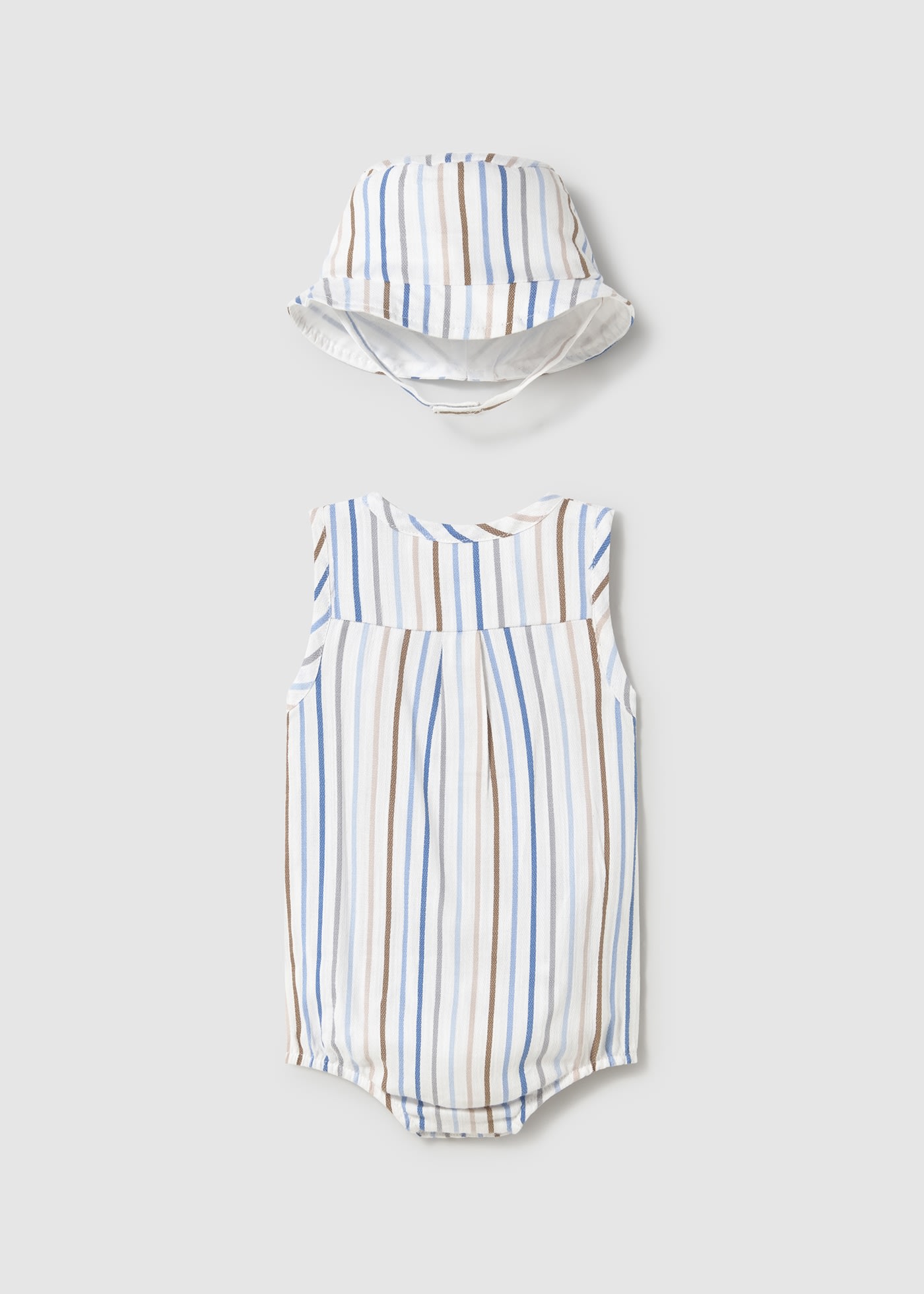 Newborn boy striped romper with bonnet