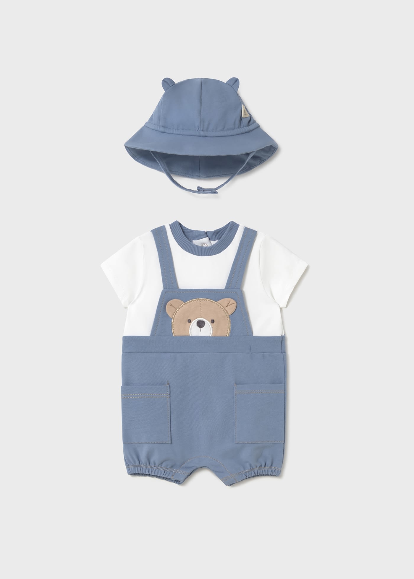 Newborn Bear Print Simulated Dungaree Romper with Hat